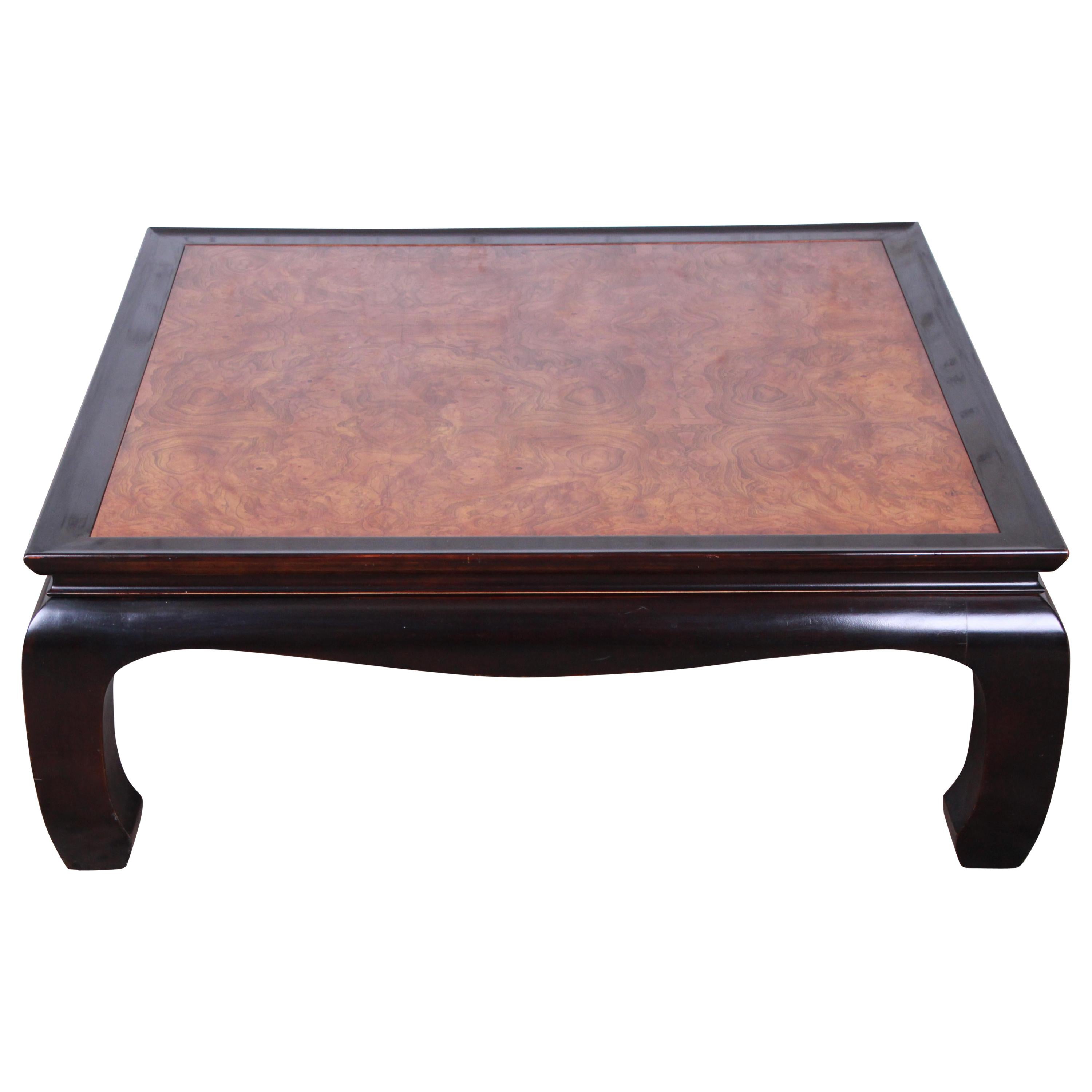 Century Furniture Black Lacquer and Burl Wood Chinoiserie Coffee Table