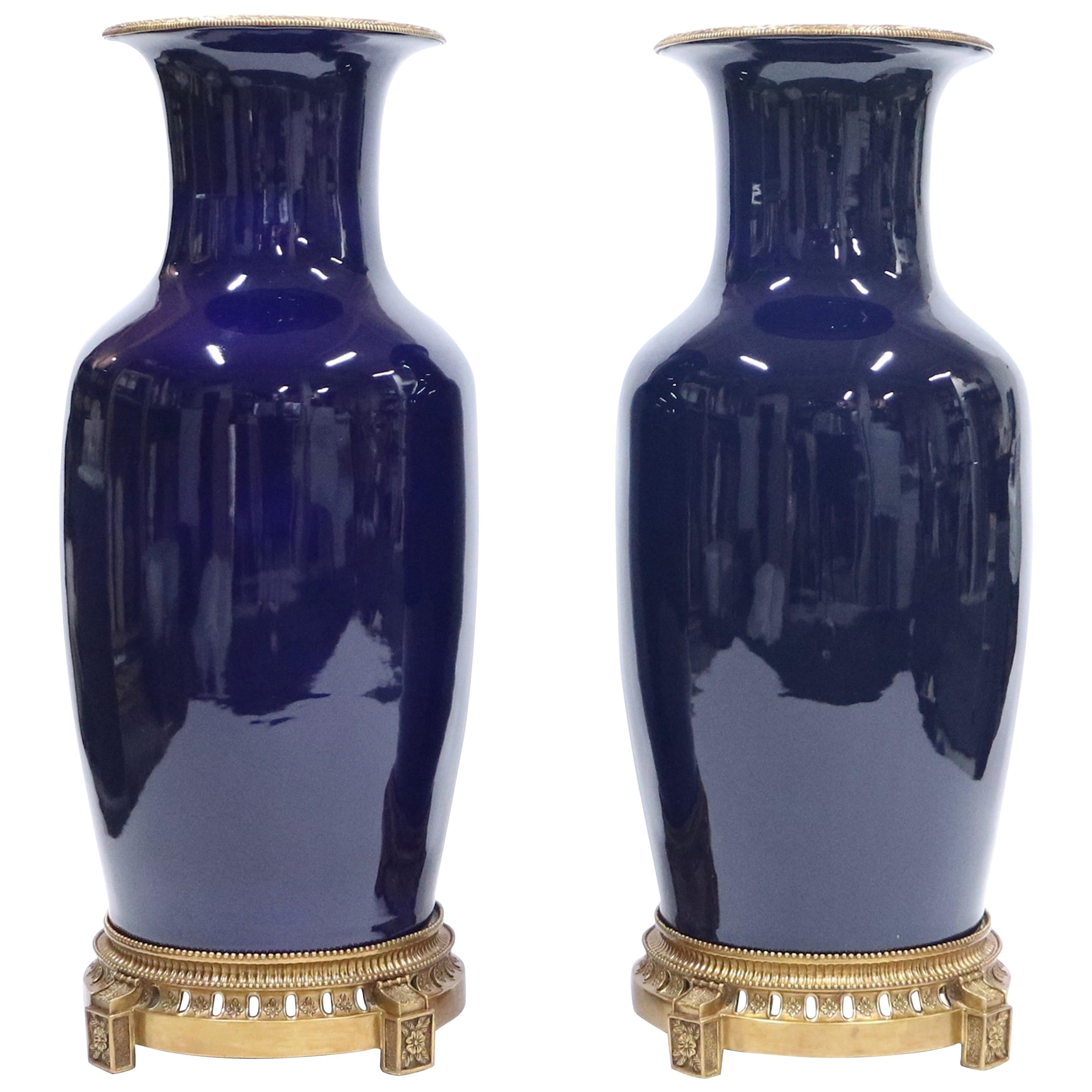 Monumental Hollywood Regency Sevres Style Vases in Cobalt Blue
