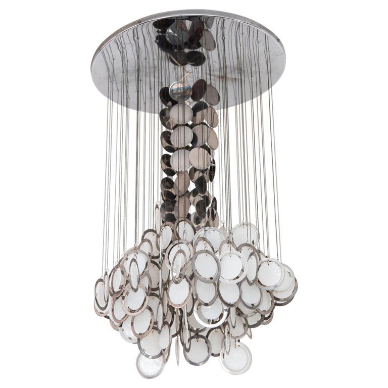 Large Vistosi Opal Glass and Chrome Discs Chandelier, Murano, Italy, 1960s For Sale