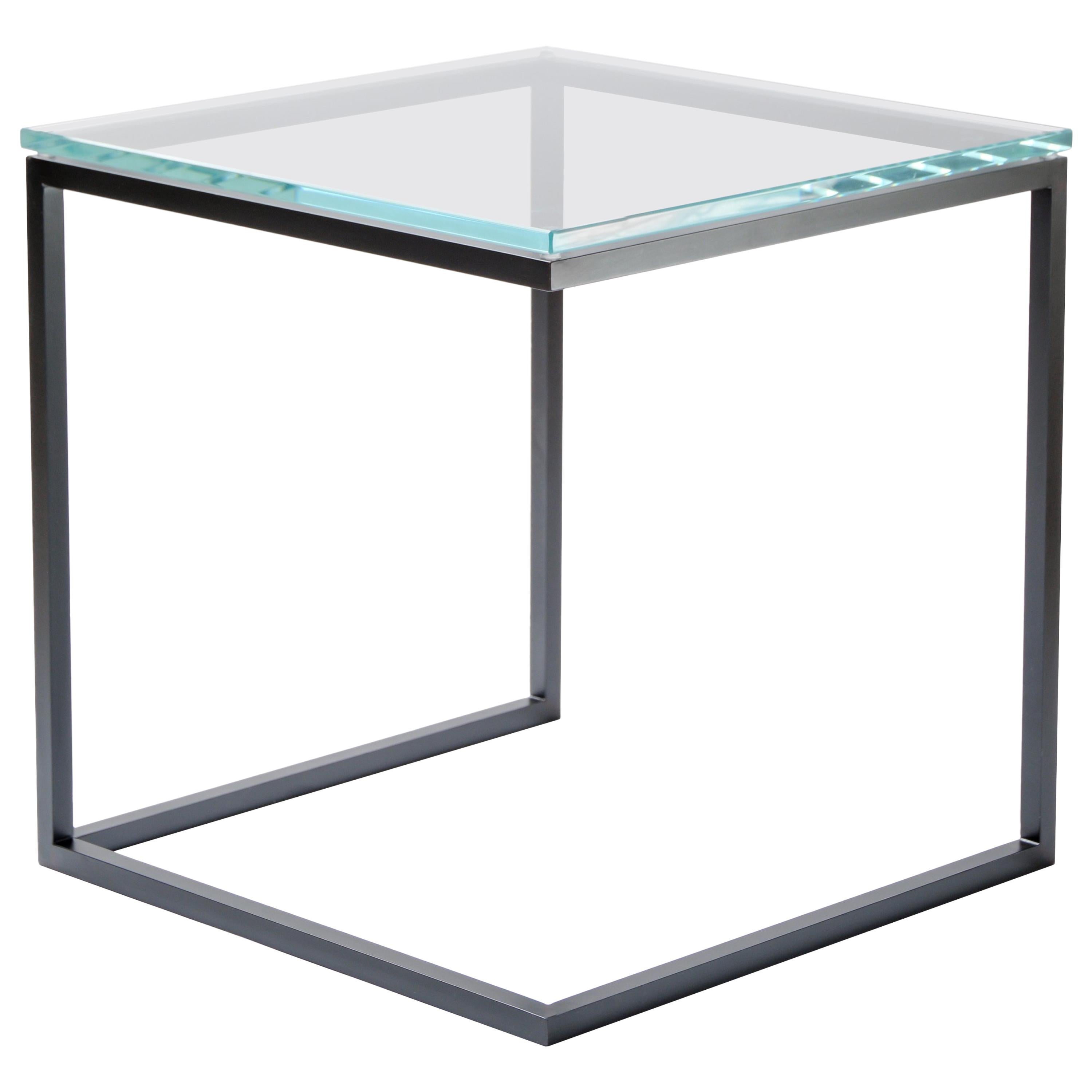 Esopo Modern Handmade Iron Side Table with Glass Square Top For Sale