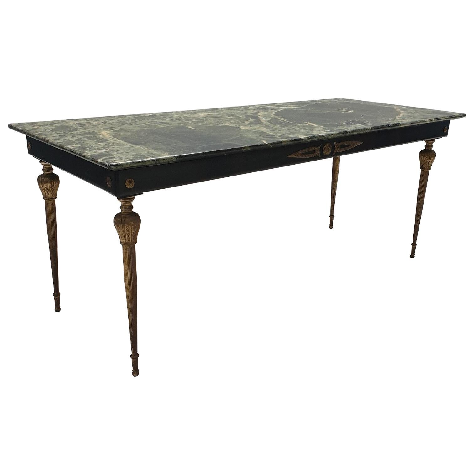 Vintage Brass Coffee Table with a Green Marble Top, 1950s For Sale
