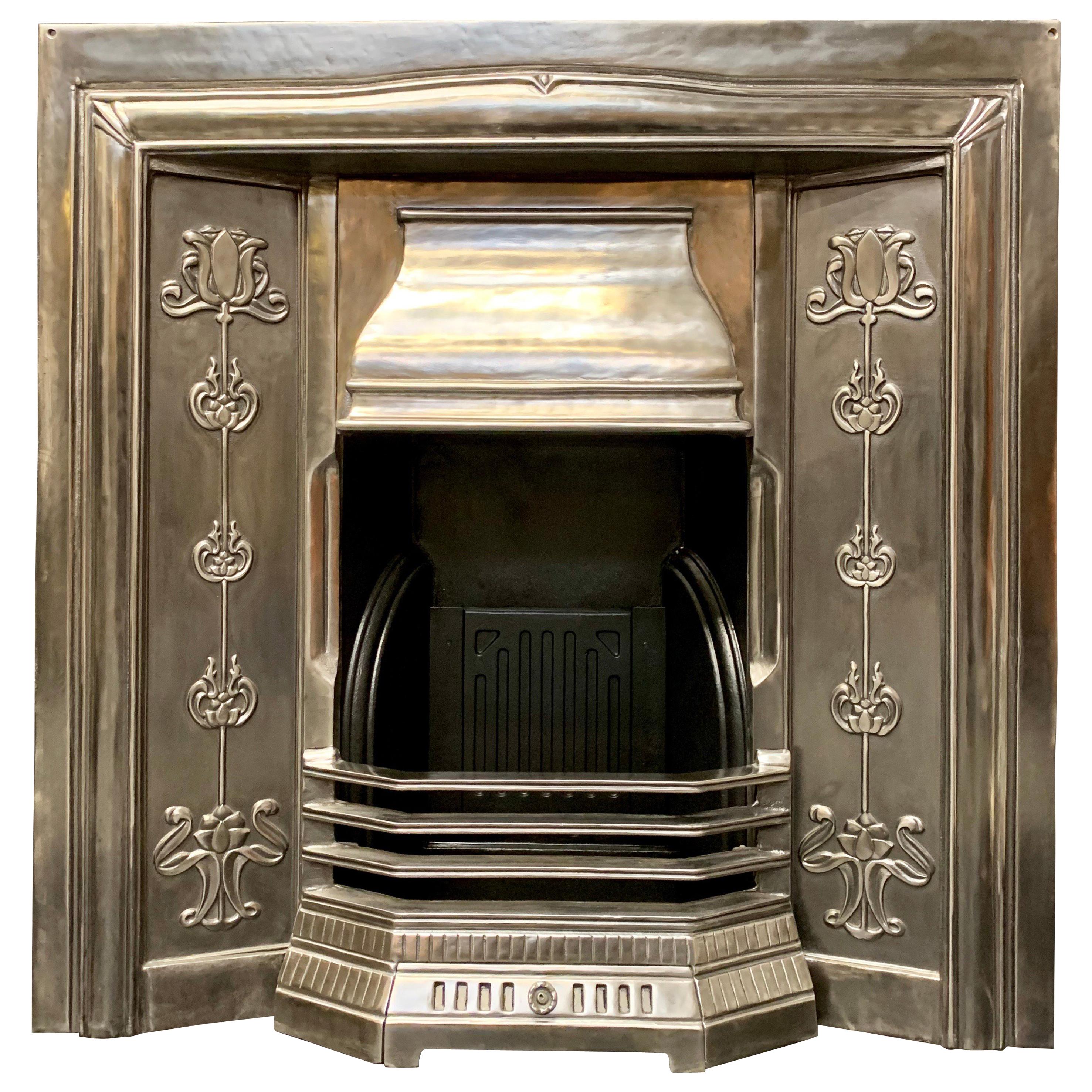 Period Art Nouveau Style Polished Steel Fireplace Insert