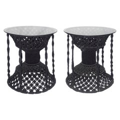 Rare Pair of Vintage 1960s Black Macrame Side Tables with Glass Tops