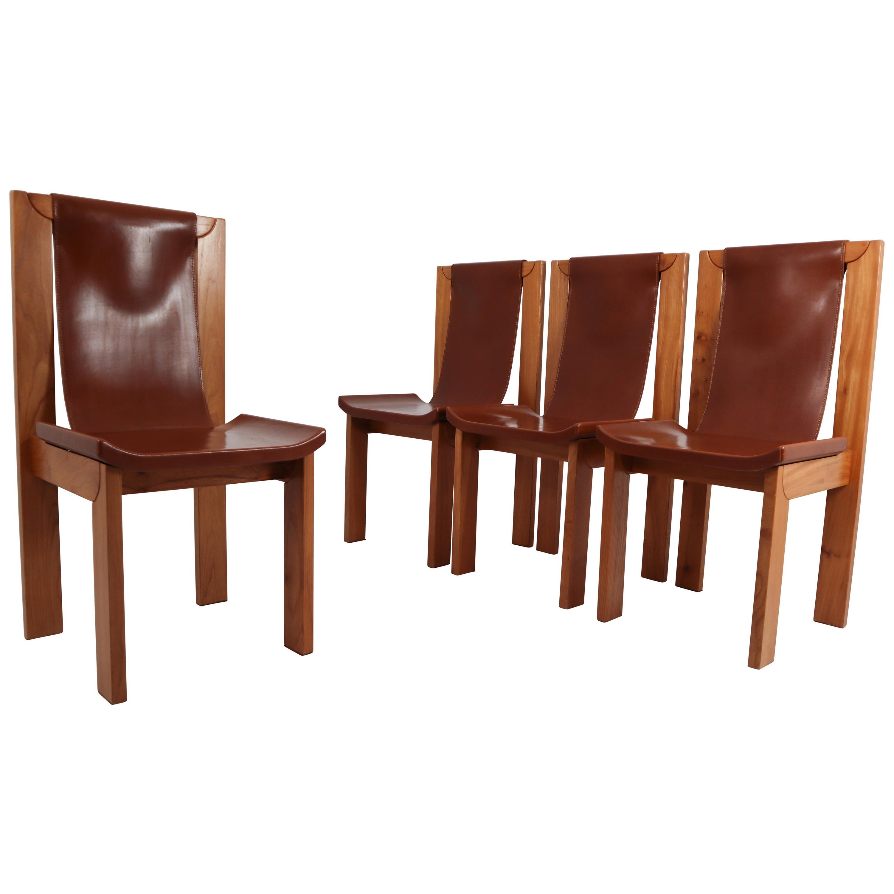 Set of Four Cognac Leather Dining Chairs in Elmwood, France, 1960s