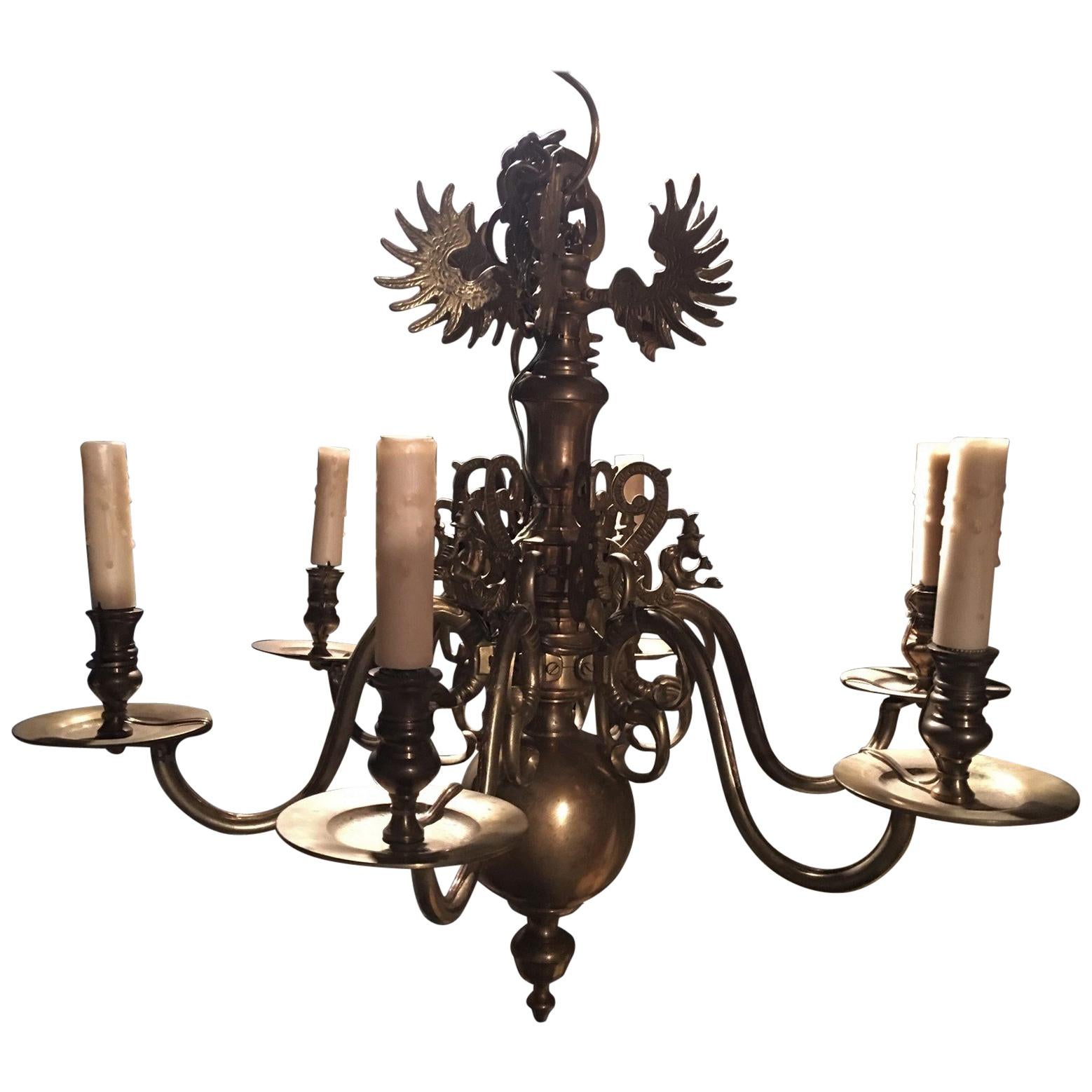 Dutch Style Six-Light Brass Chandelier with Decorative Figures, 19th Century