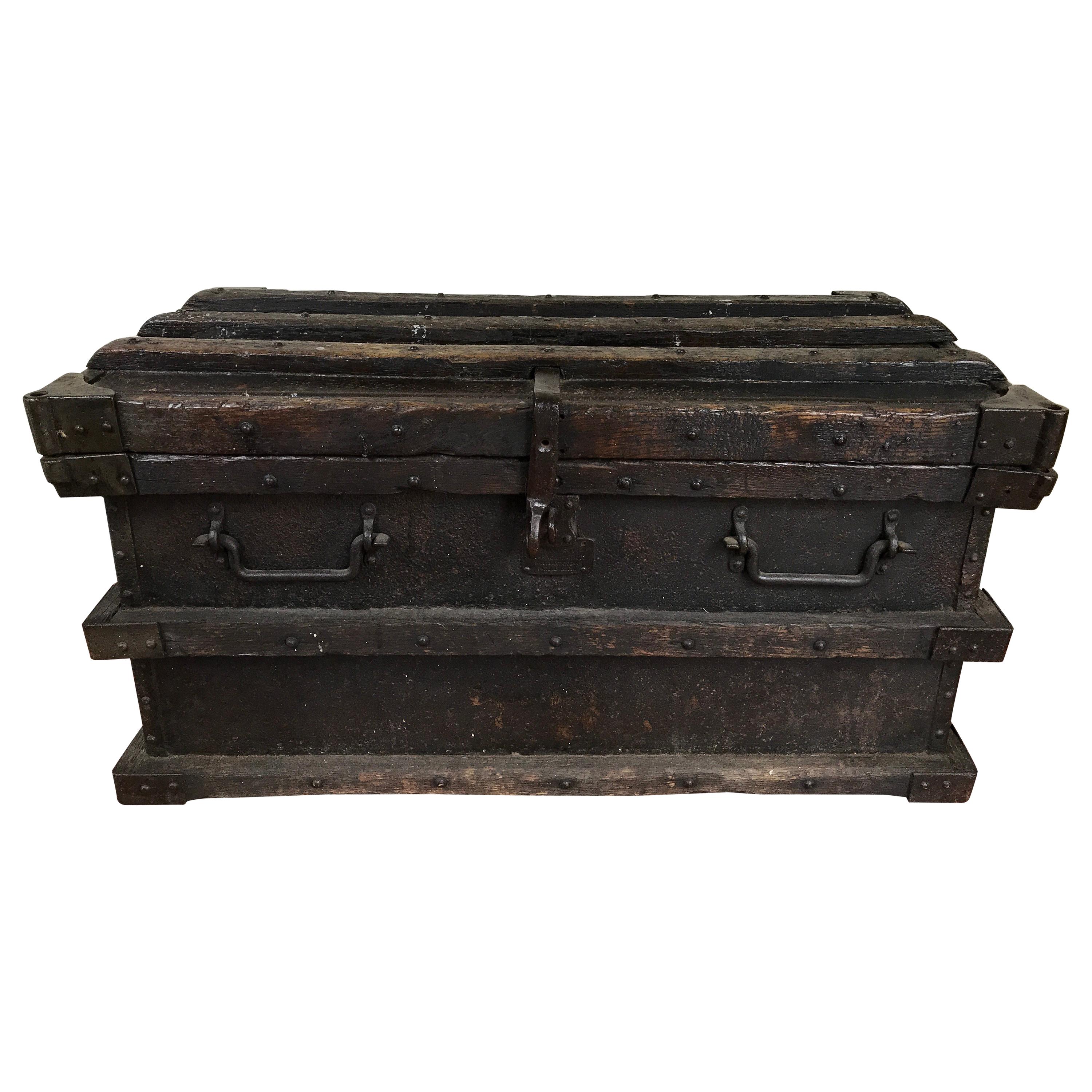 19th Century Iron and Wood Chest For Sale