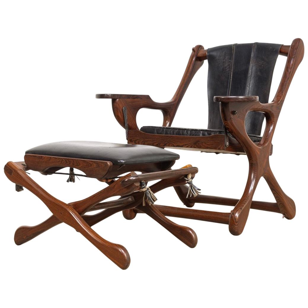 Midcentury Mexican Modern Don Shoemaker Rosewood Swinger Chair with Ottoman For Sale