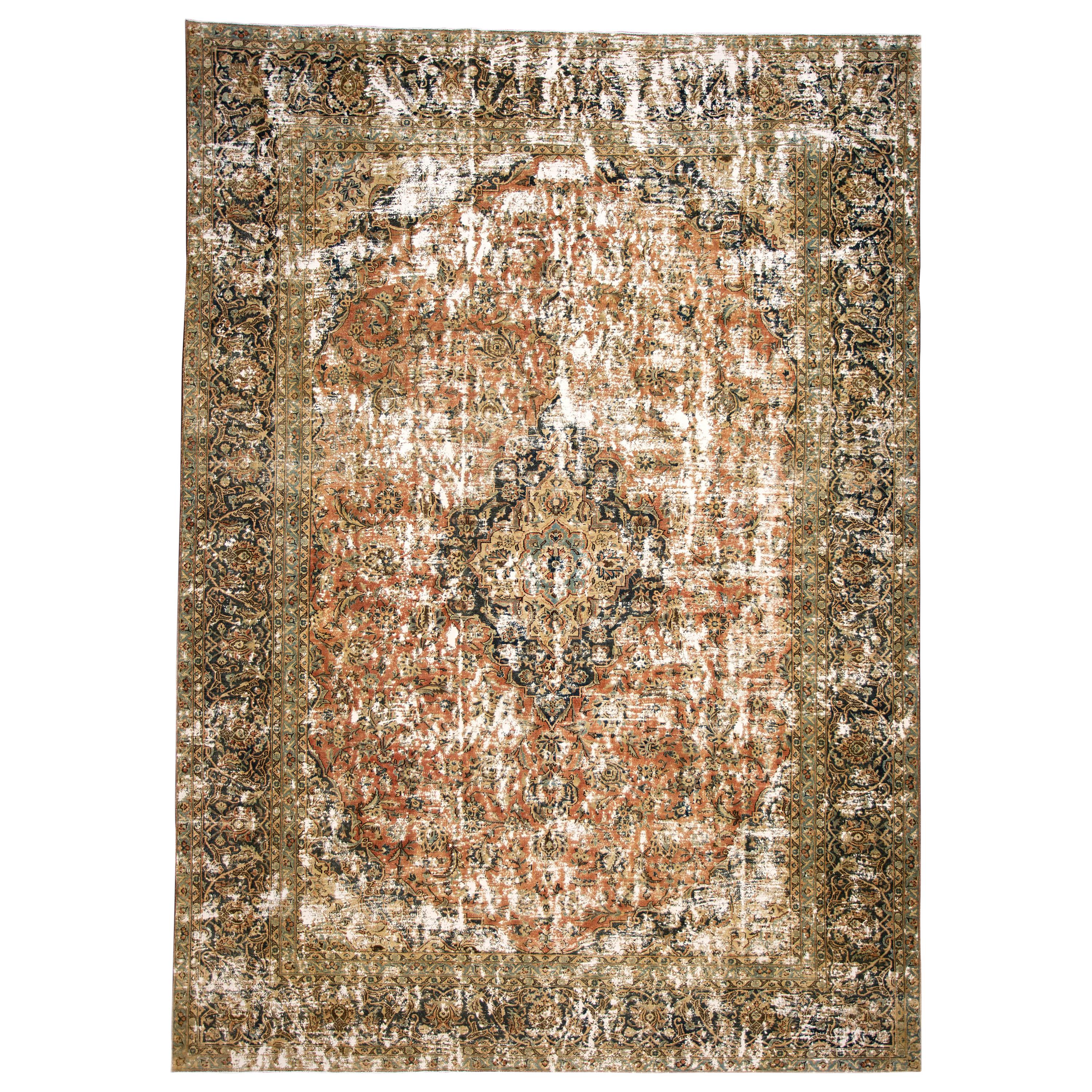 Vintage Distressed Hand Knotted Wool Rug For Sale