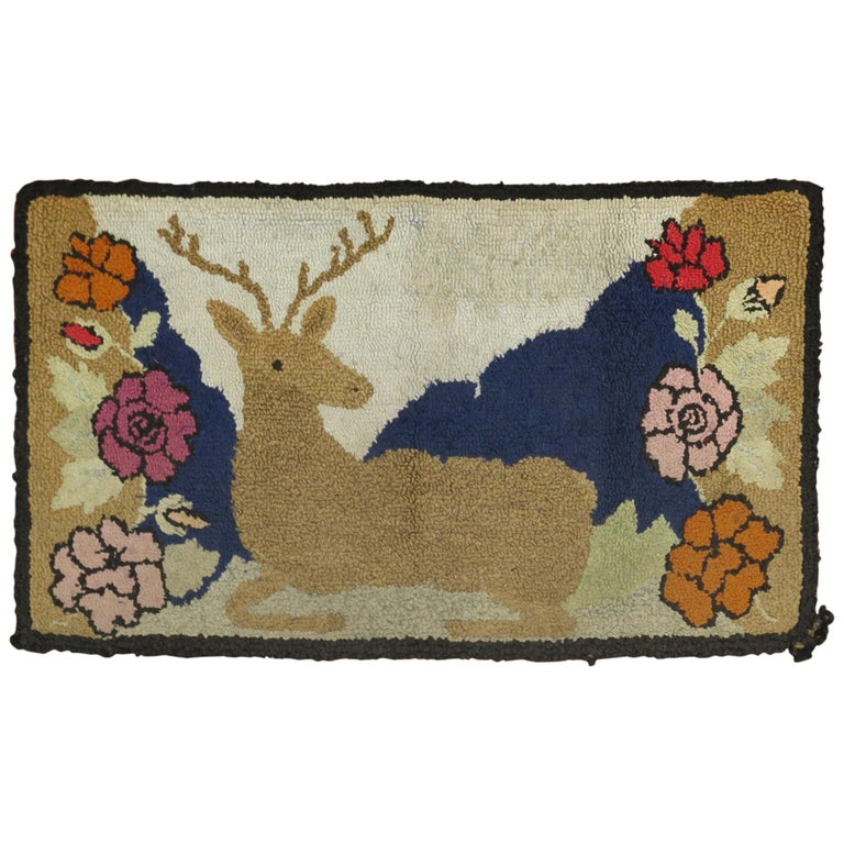 American Hooked Deer Pictorial Rug at 1stDibs
