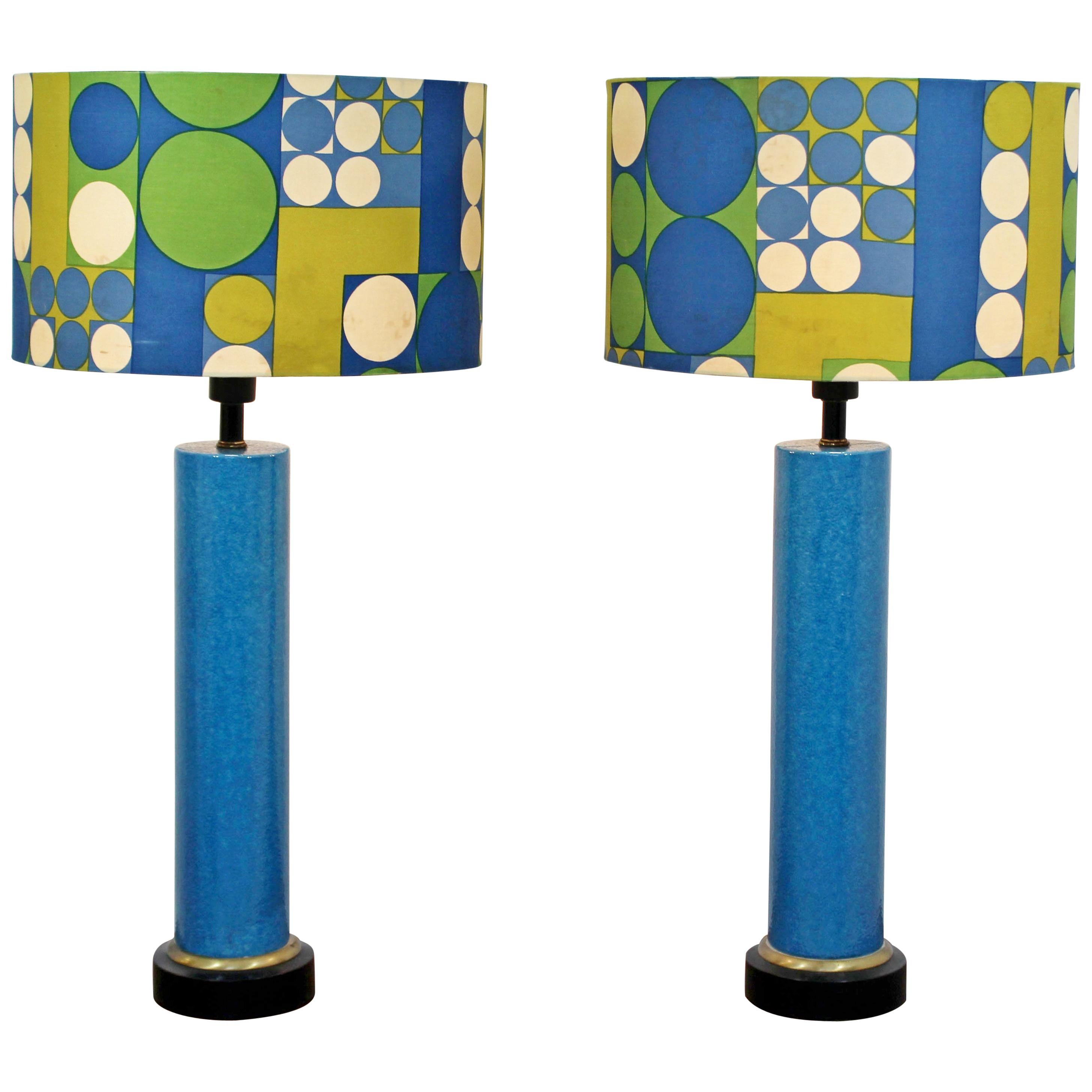 Mid-Century Modern Monumental Pair of Blue Ceramic Table Lamps Panton Shades