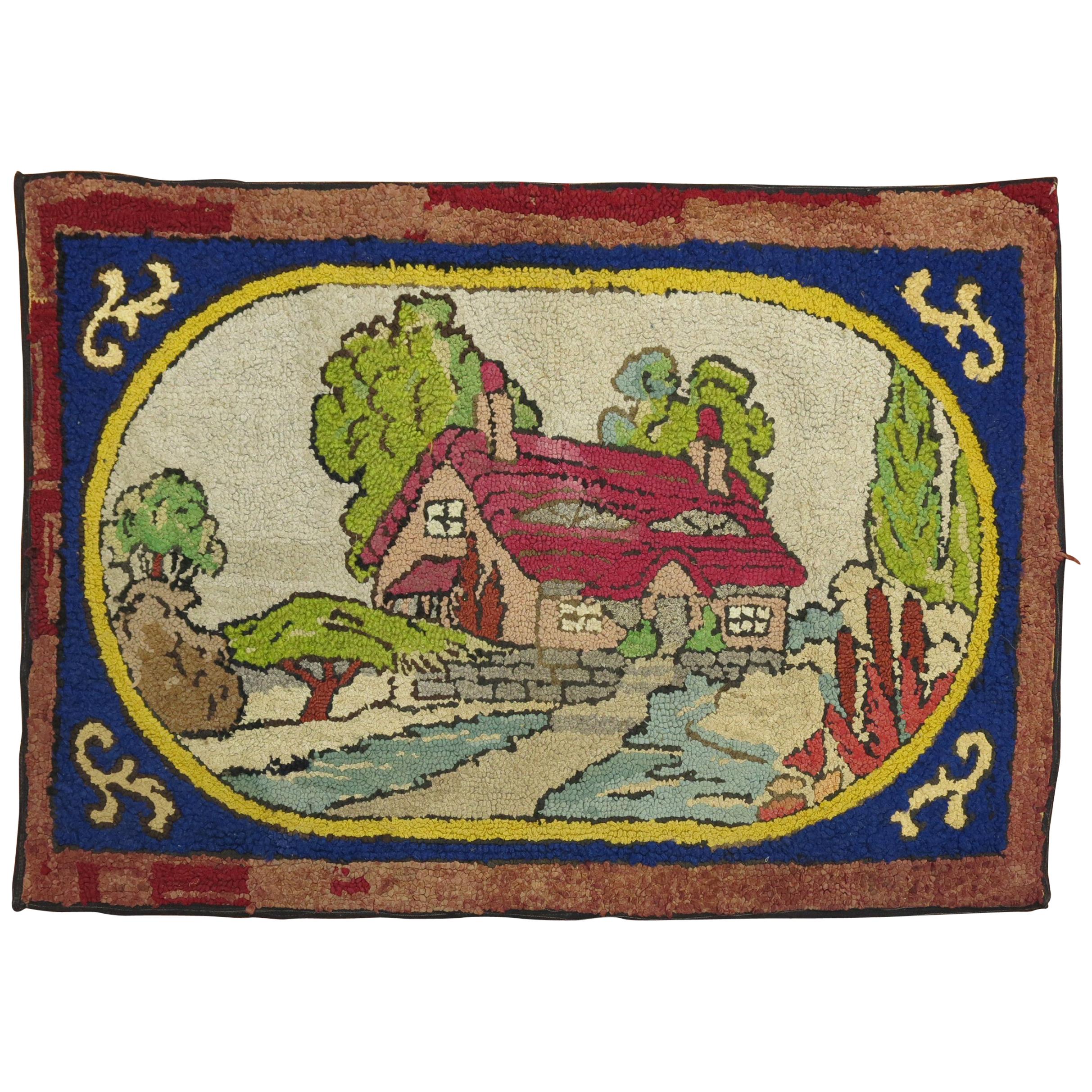 American Hooked Scenic Pictorial Rug For Sale