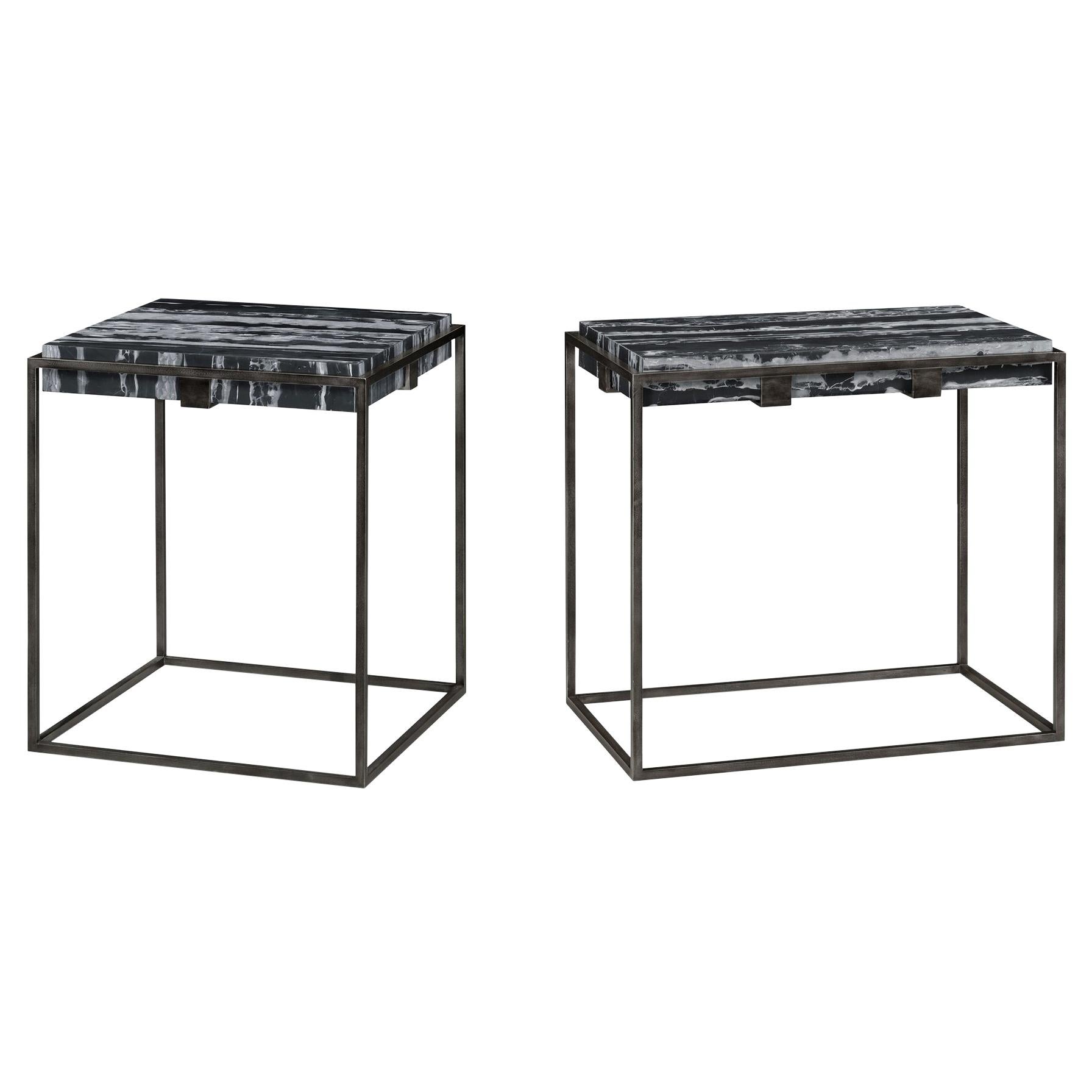 Set of Two End Tables in Antiqued Pewter and Black Marble for Indoor or Outdoors