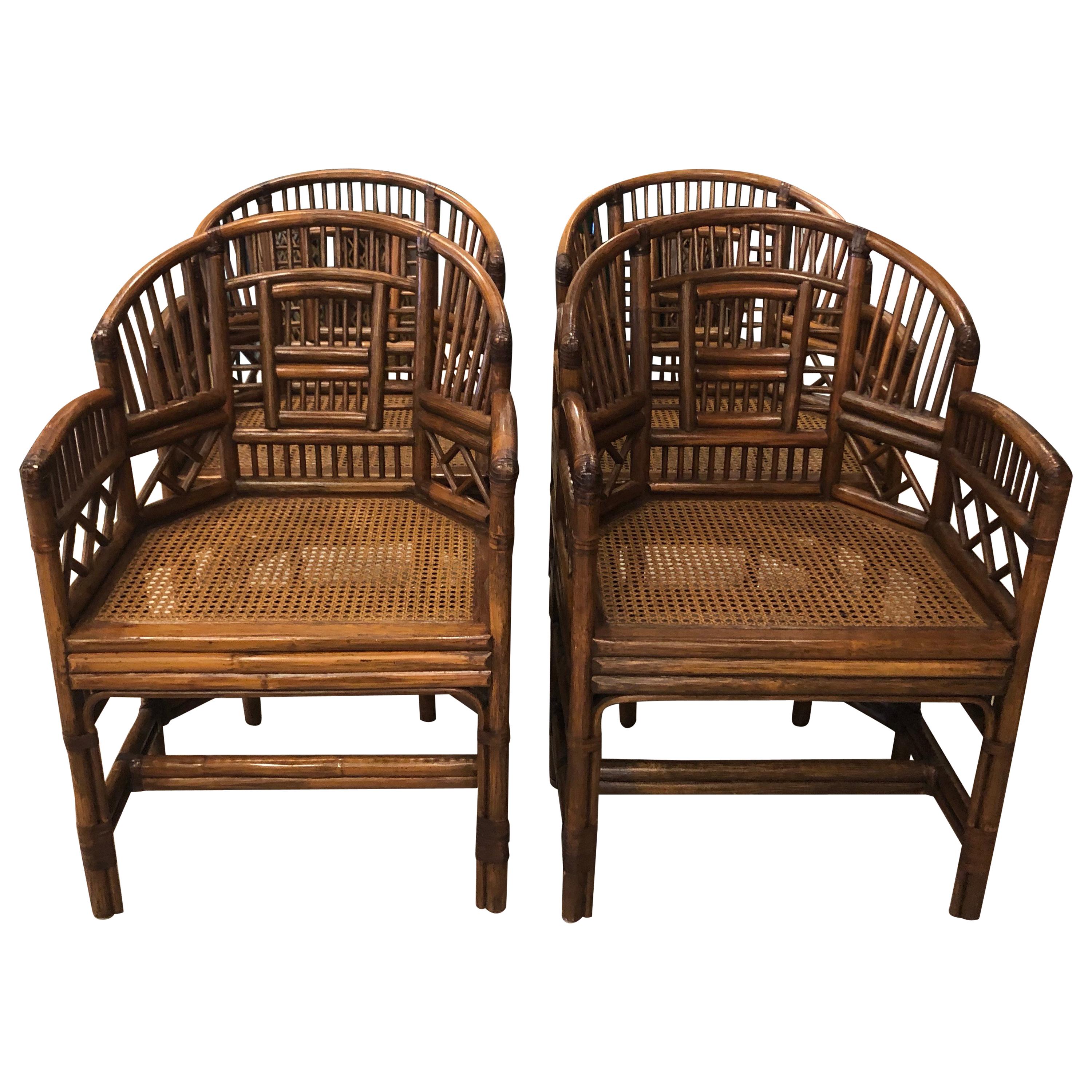 Vintage Set of Four Rattan Chinese Chippendale Brighton Style Arm Dining Chairs