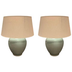 Pair of Round Pale Blue Lamps, China, Contemporary