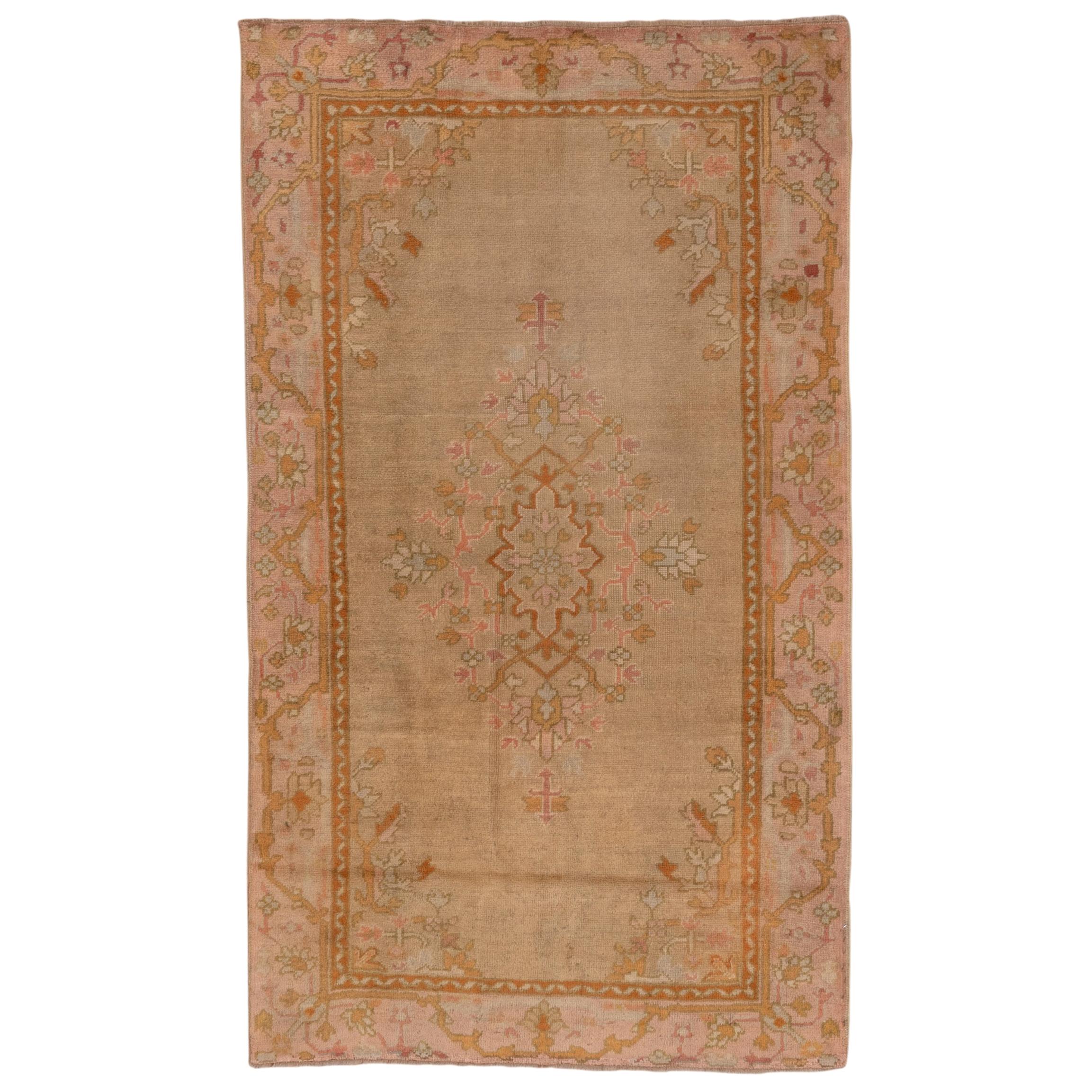 Antique Oushak Rug, Pink Border, circa 1910s