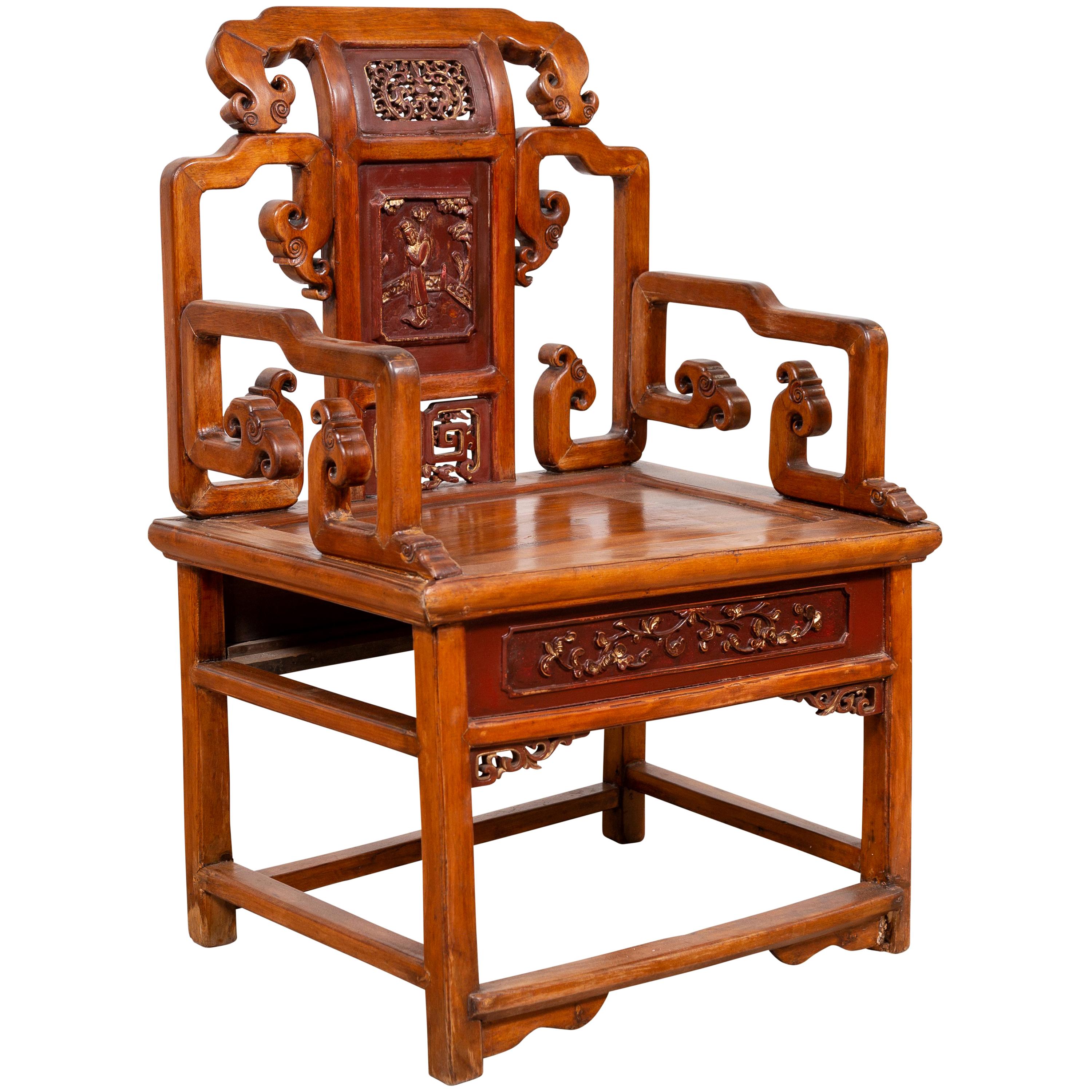 Hand Carved Antique Chinese Chair with Natural Wood Patina and Scroll Décor