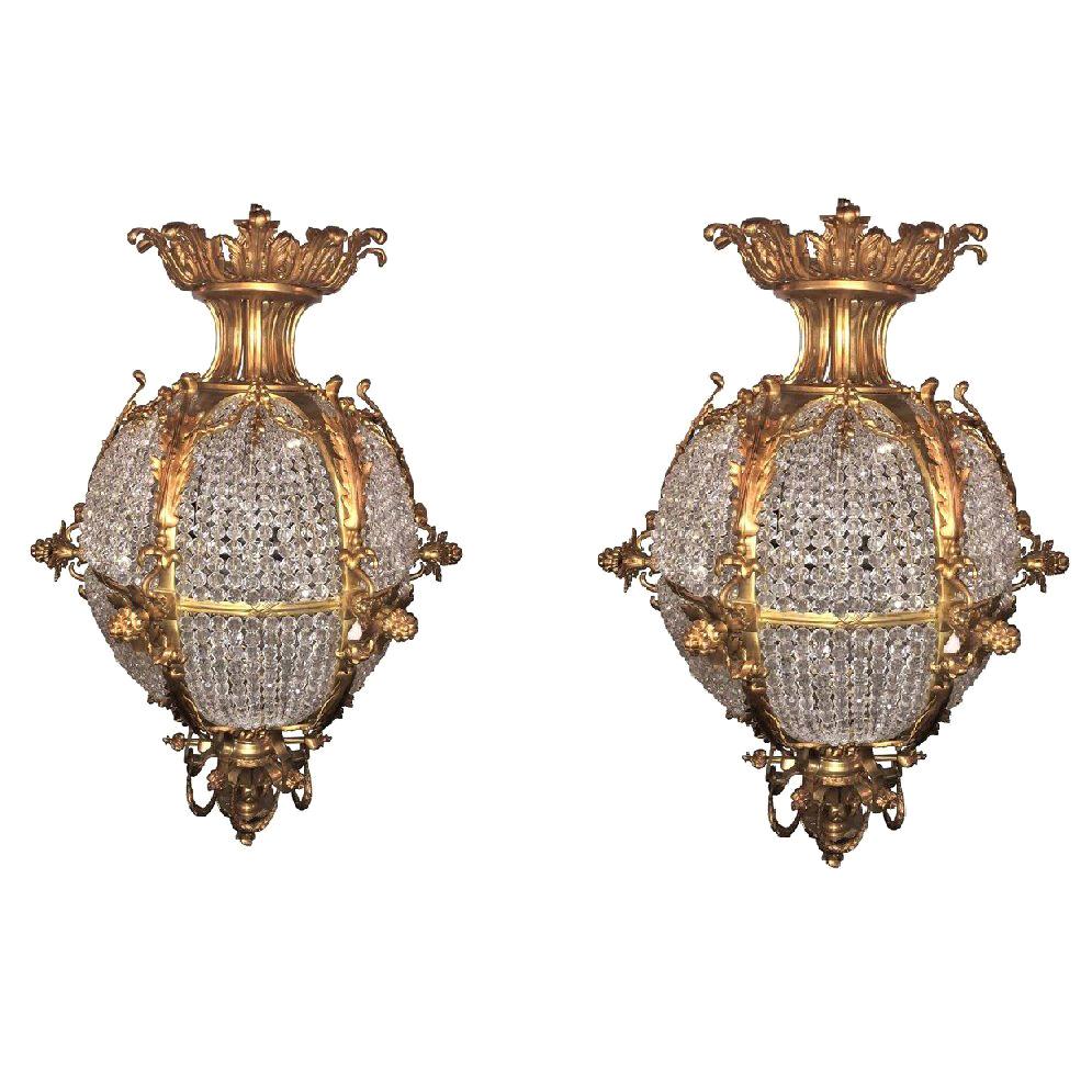 Pair of Palatial Doré Bronze Circular Crystal Beaded Ball Chandeliers