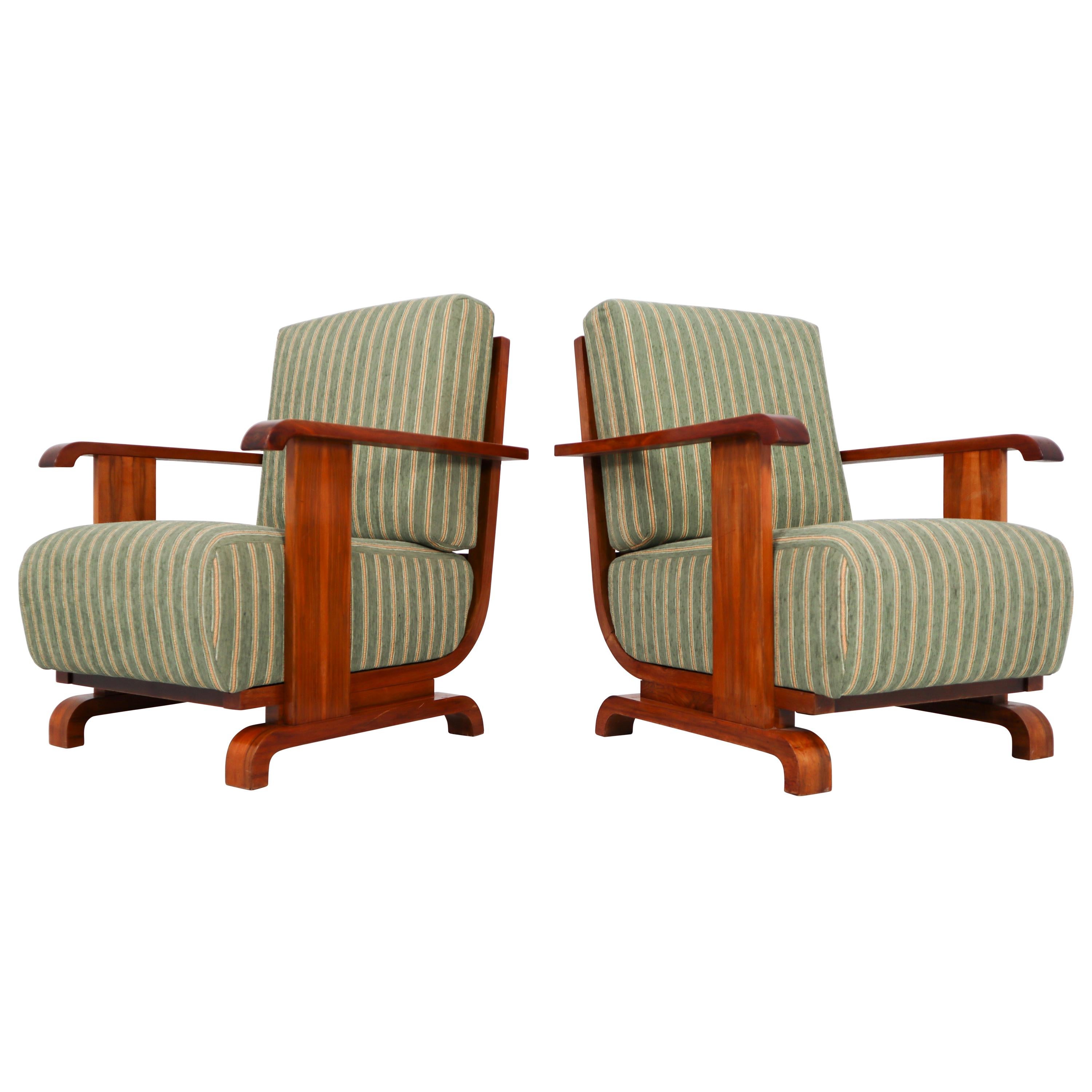 Art Deco Austrian Armchairs from Vienna in Walnut and Olive Green Velvet Blend