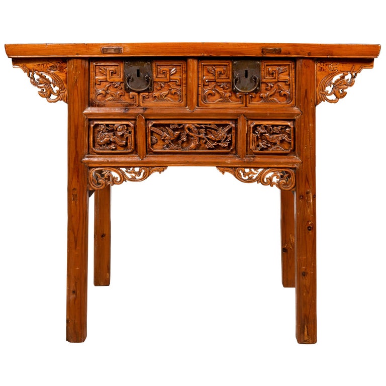 Antique Chinese Console Table with Hand Carved D??cor of Birds and