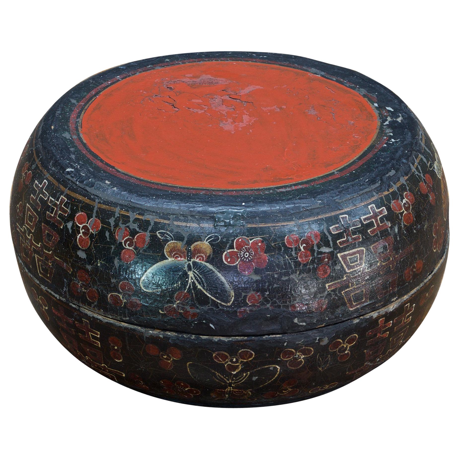 Vintage Chinese Wedding Box Painted Butterfly Red Black Pouf Prop Kanji Wooden