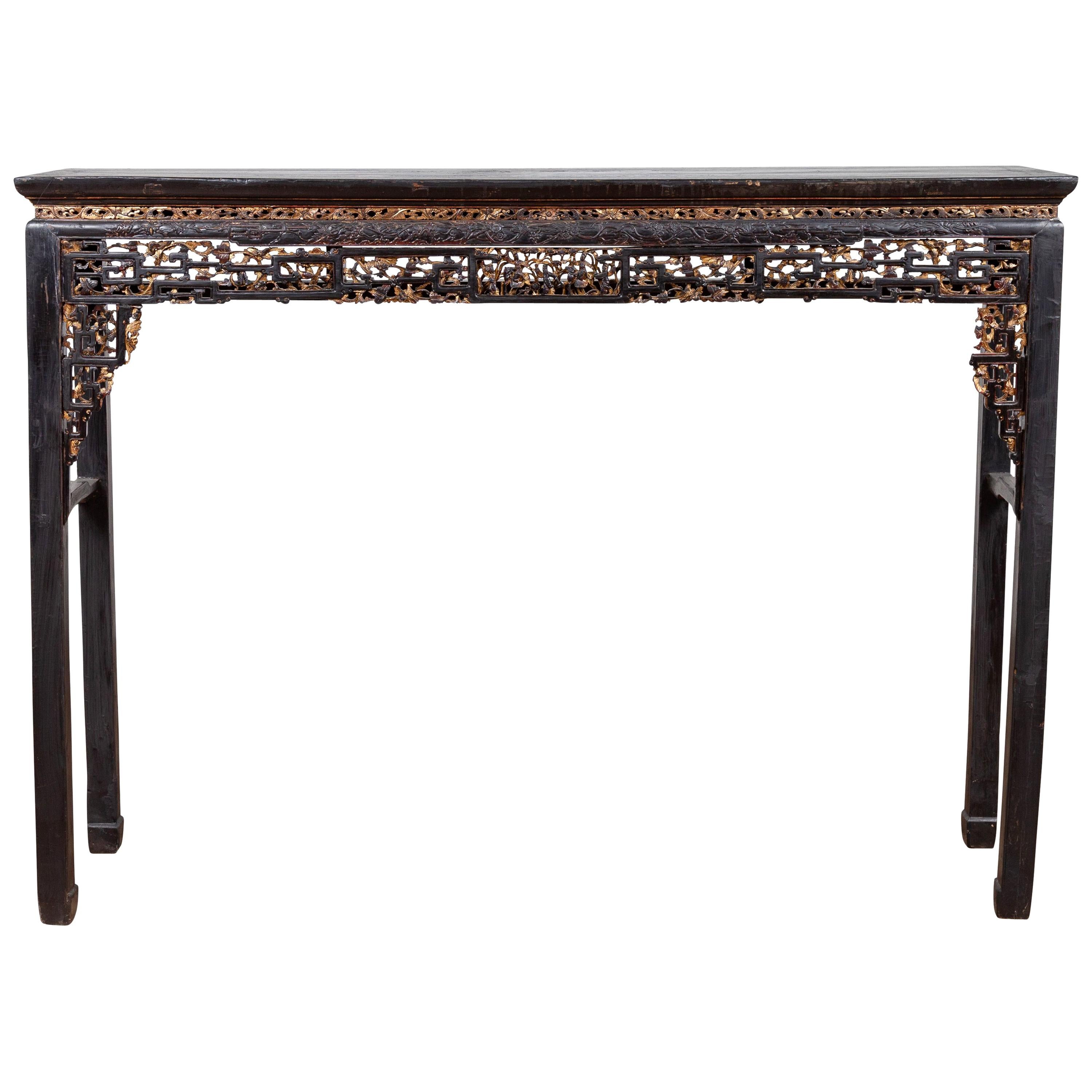 Chinese Antique Parcel-Gilt Black Altar Console Table with Carved Floral Décor