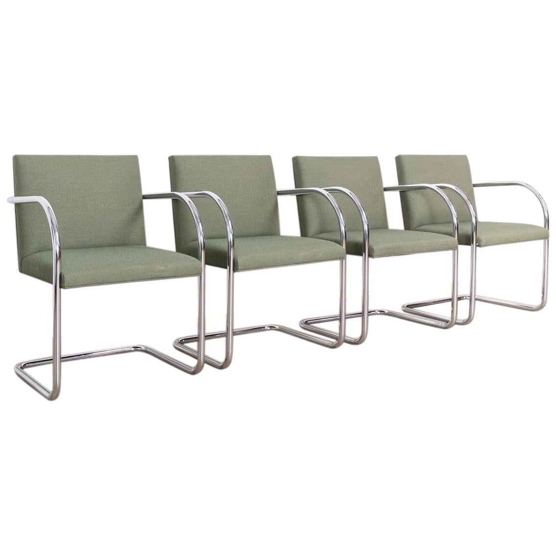 Mies van der Rohe Green Brno Chrome Cantilever Dining Chairs, Set of 4 For Sale