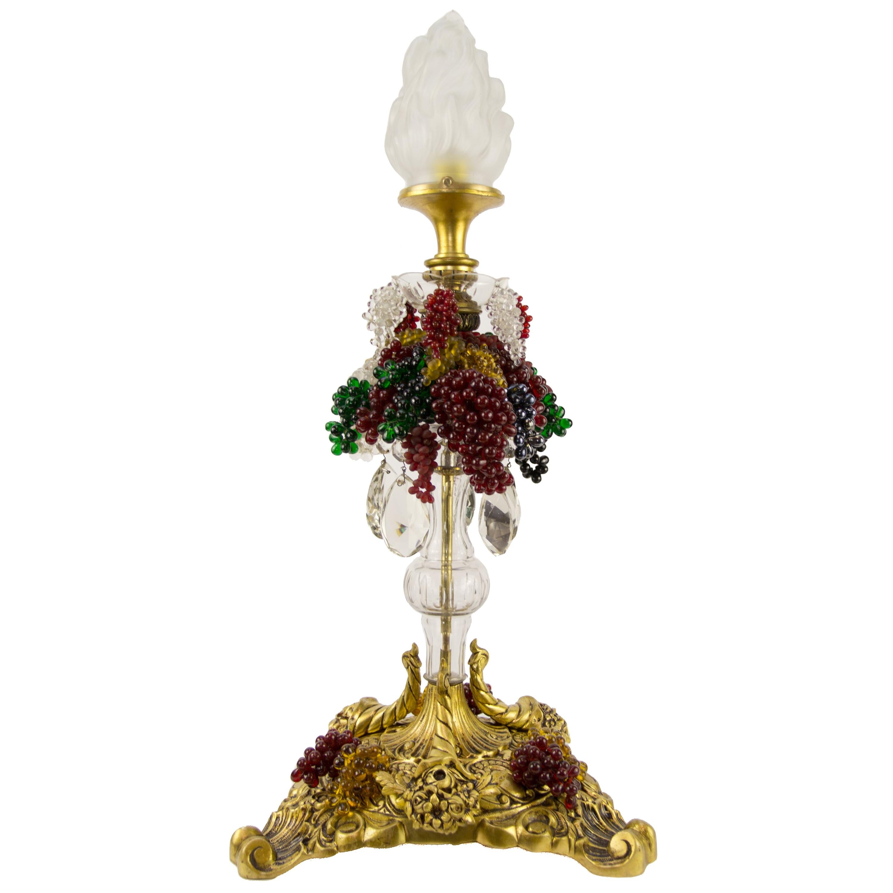 Bronze Table Lamp with Crystals, Frosted Glass Flame Shade and Glass Grapes