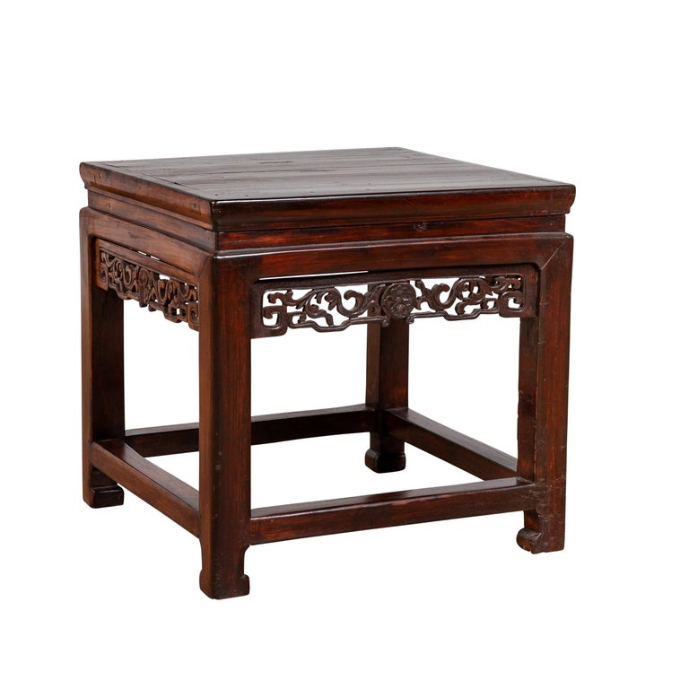 Chinese Vintage Side Table With Dark Wood Patina And Hand Carved Chinese Vintage Side Table With Dark Wood Patina And Hand Carved Foliage Décor For