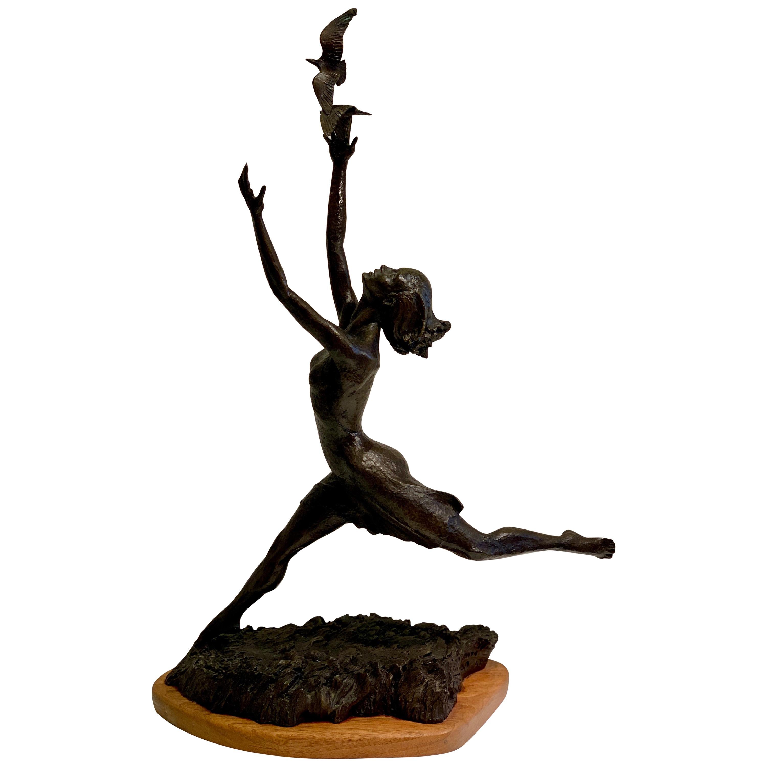 Art Deco Style Bronze Sculpture of a Woman Reaching for Seagulls by M. Young