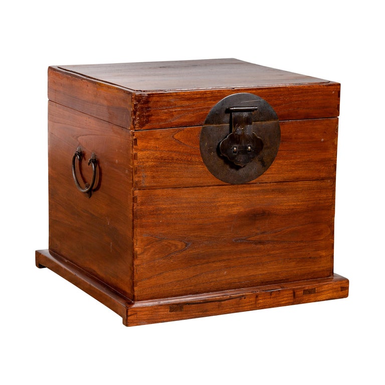 Antique Chinese Brown Elmwood Dowry Chest Decorative Box with Bronze
