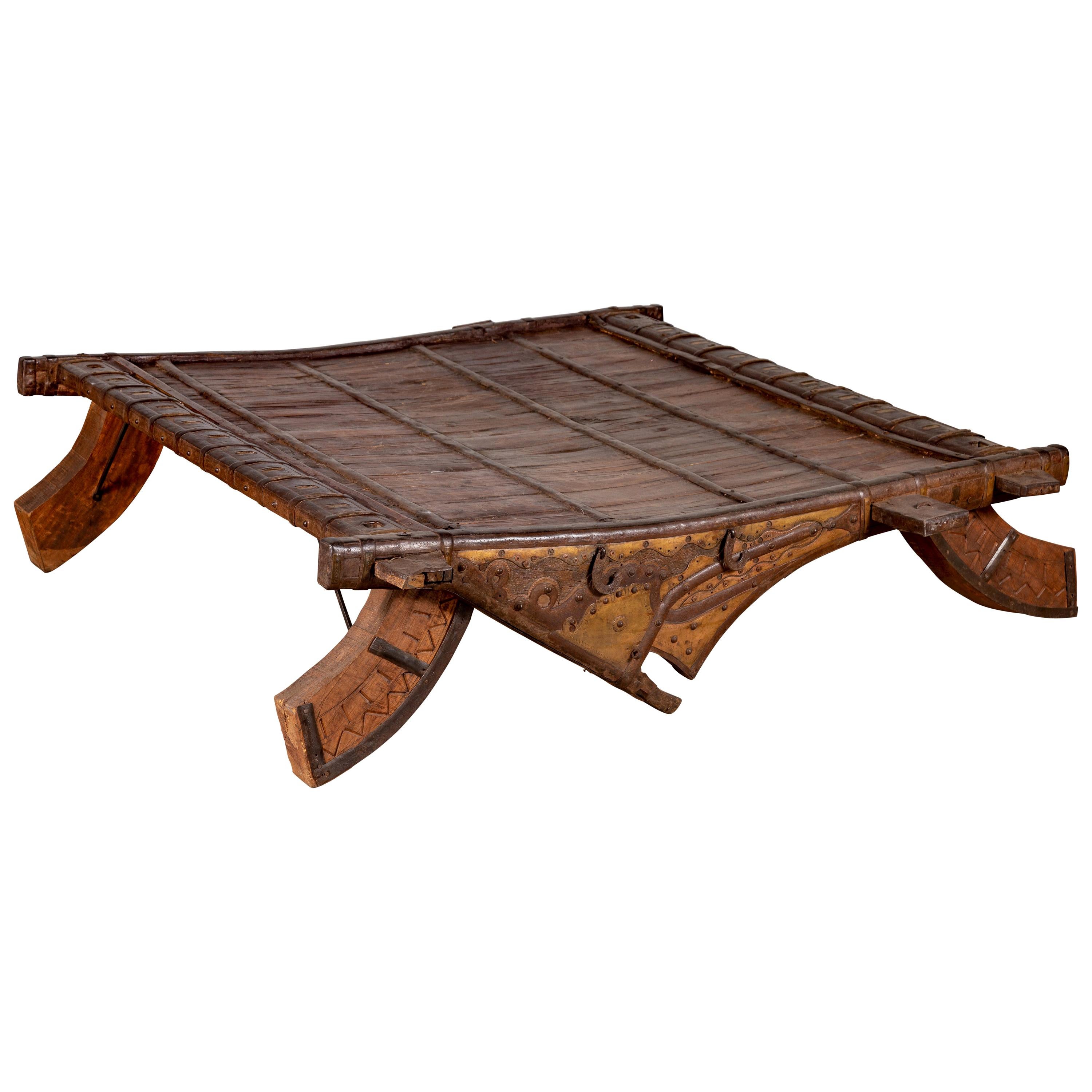 Antique Indian Rustic Wooden Ox Cart with Metal Accents Made into a Coffee Table For Sale