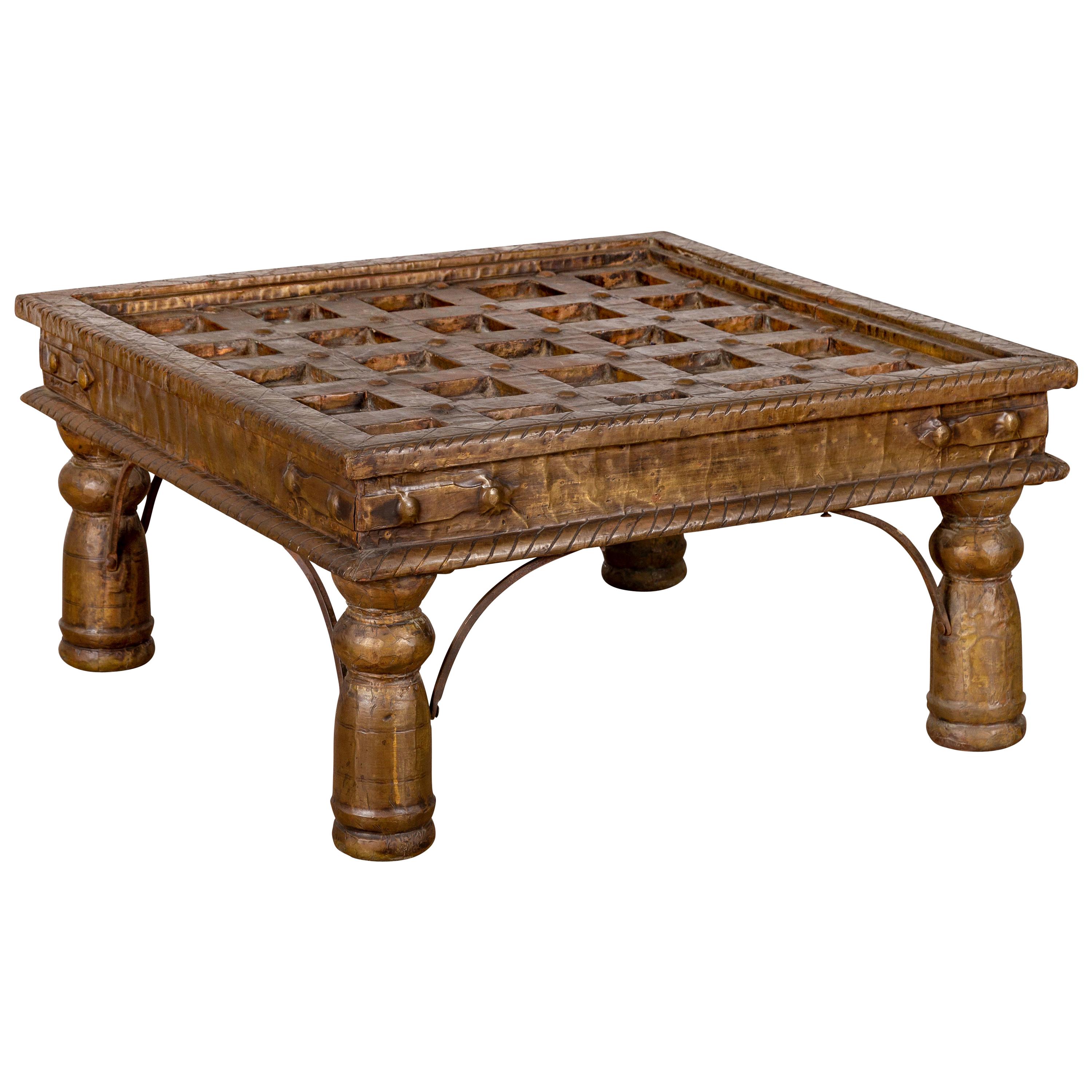 Indian Geometric Top Wood and Brass Window Grate Made into a Coffee Table