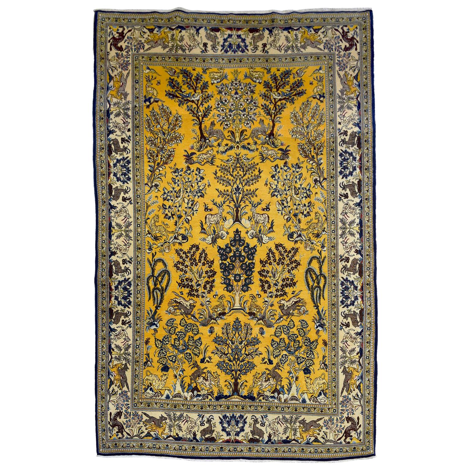 Semi-antique 1940s Gold and Blue Ghom Tree of Life Wool Persian Rug, 8' x 10' For Sale