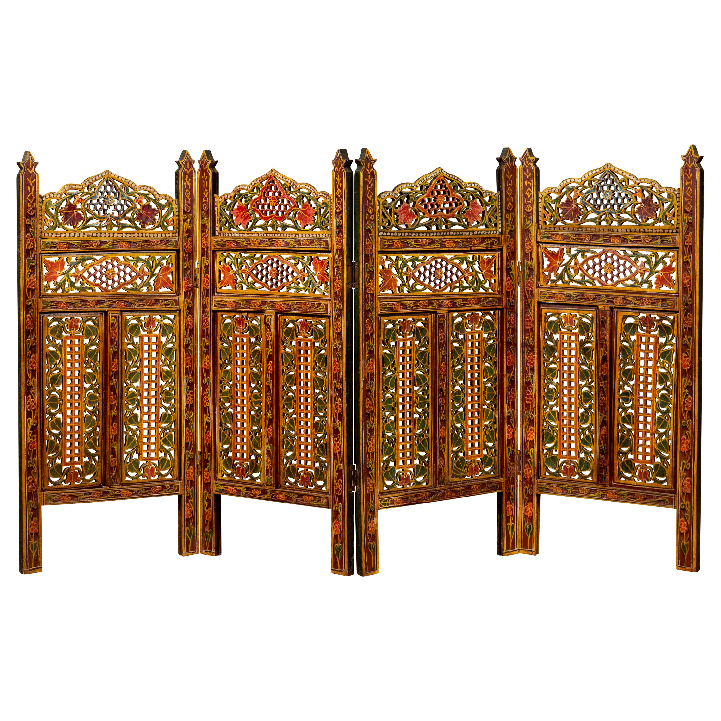 Indian Multi-Color Open Fretwork Hand Carved and Hand Painted Four-Panel Screen