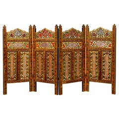 Indian Multi-Color Open Fretwork Hand Carved and Hand Painted Four-Panel Screen