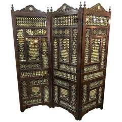 Syrian Moorish Inlaid Stick and Ball Three Panel Heavy Ornate Wood Screen