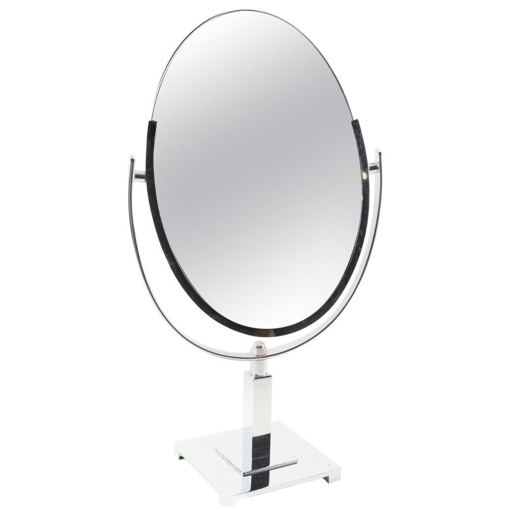 Tabletop Vanity Mirror with Mirrored Chrome Stand in the Style of Karl Springer For Sale