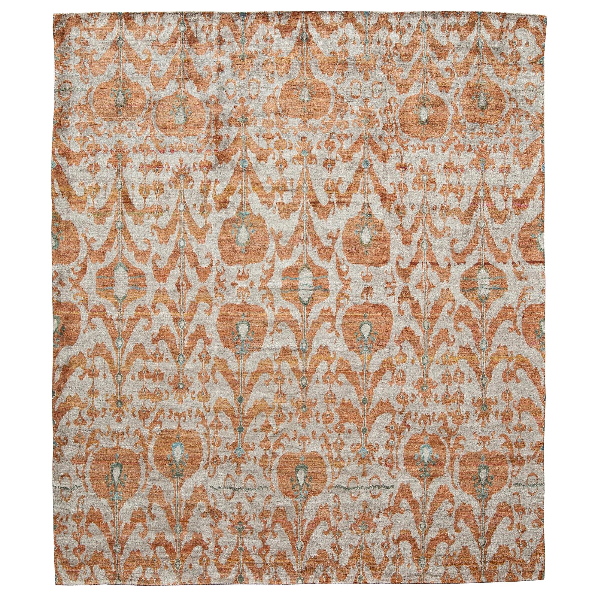 Rust Burnt Orange and Silver Silk Hand-Knotted Ikat Rug
