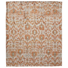 Rust Burnt Orange and Silver Silk Hand-Knotted Ikat Rug