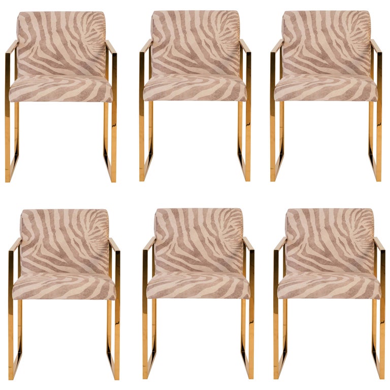 Set Of 6 Modern Zebra Dining Chairs In Beige Cowhide And Gold
