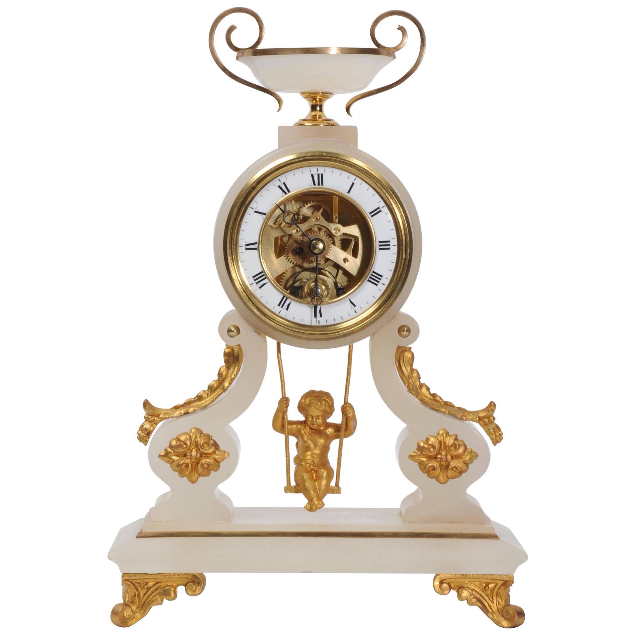 Rare Cherub on a Swing Antique French Boudoir Clock with Visible Escapement