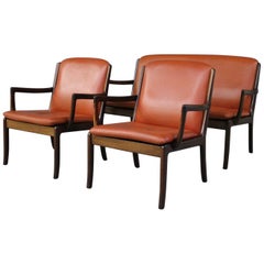 Ole Wanscher Set, Two-Seat Sofa and Two Lounge Chairs, Cognac and Mahogany