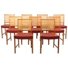 Erik Wørts Nine Dining Chairs, Oak, Cane, Red Leather, 1950s