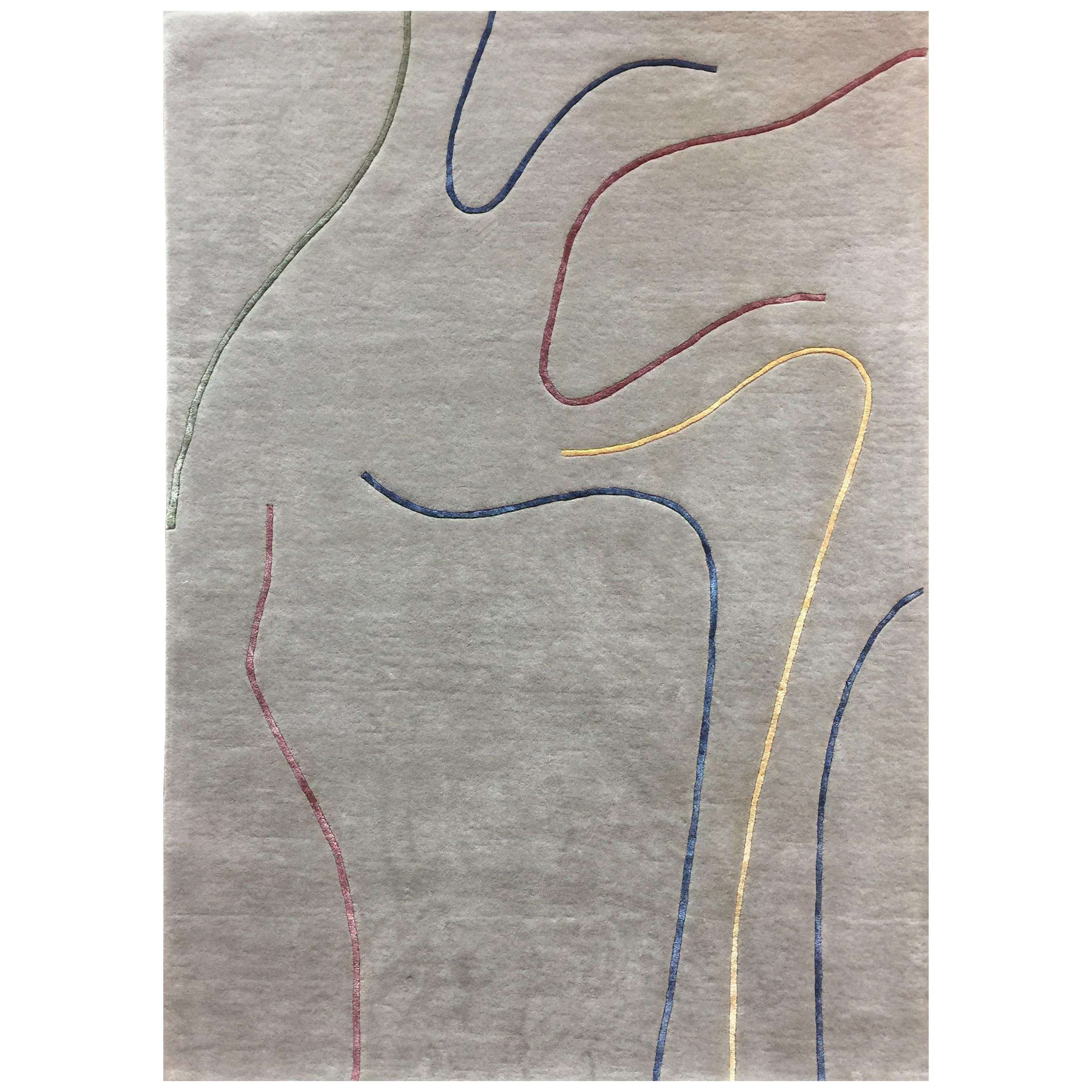 Teppich-Leinen – Teppich aus getufteter grauer Wolle mit mehrfarbigen Linien in Rot, Gelb und Blau  im Angebot