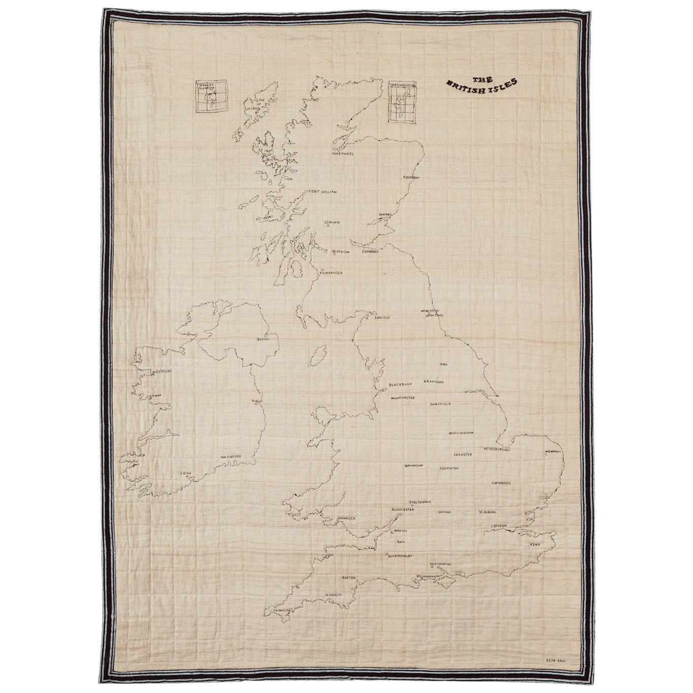 British Isles Quilt, Illustrative Silk Wall Hung Map For Sale