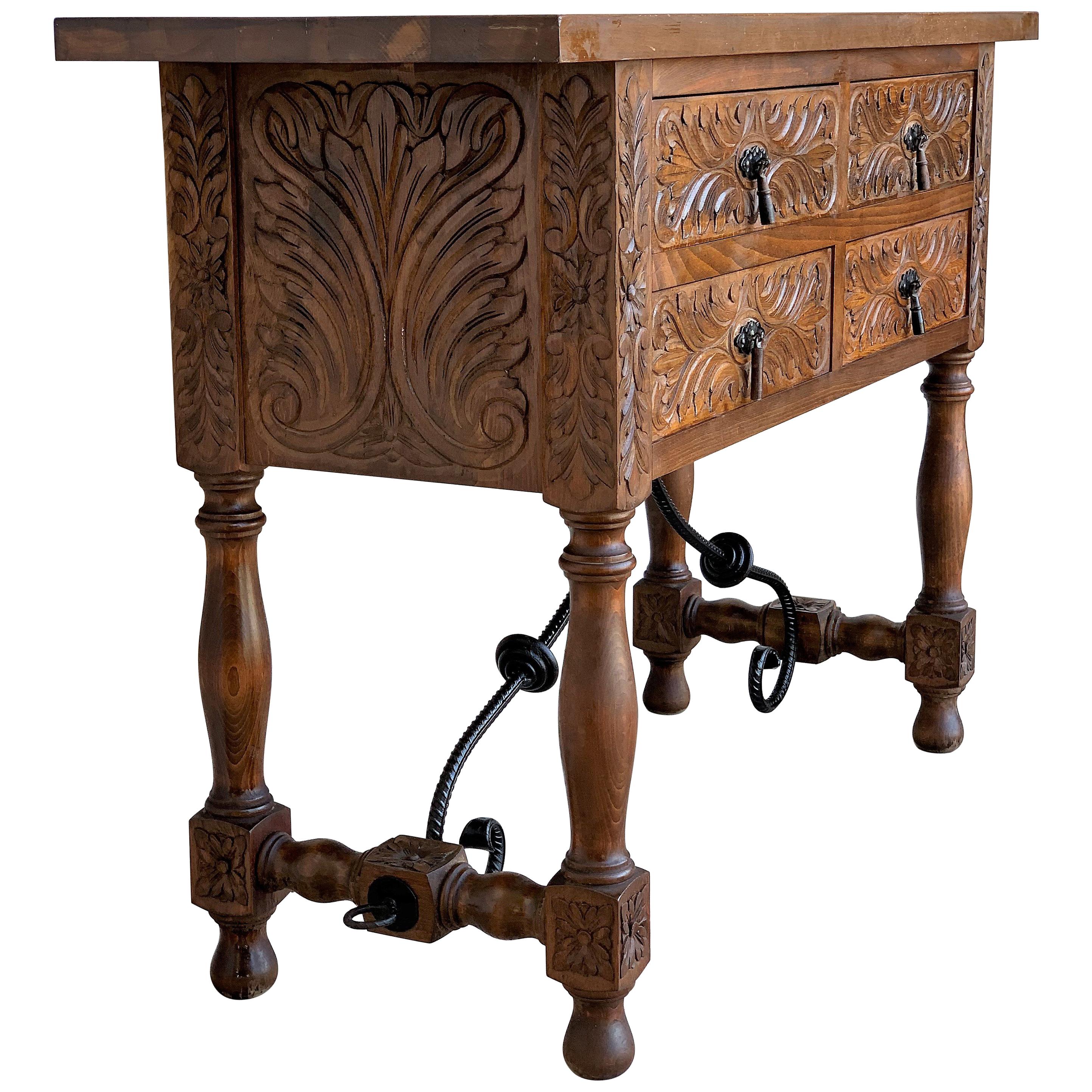 Catalan Spanish Carved Walnut Console Sofa Table, Four Drawers & Iron Stretcher