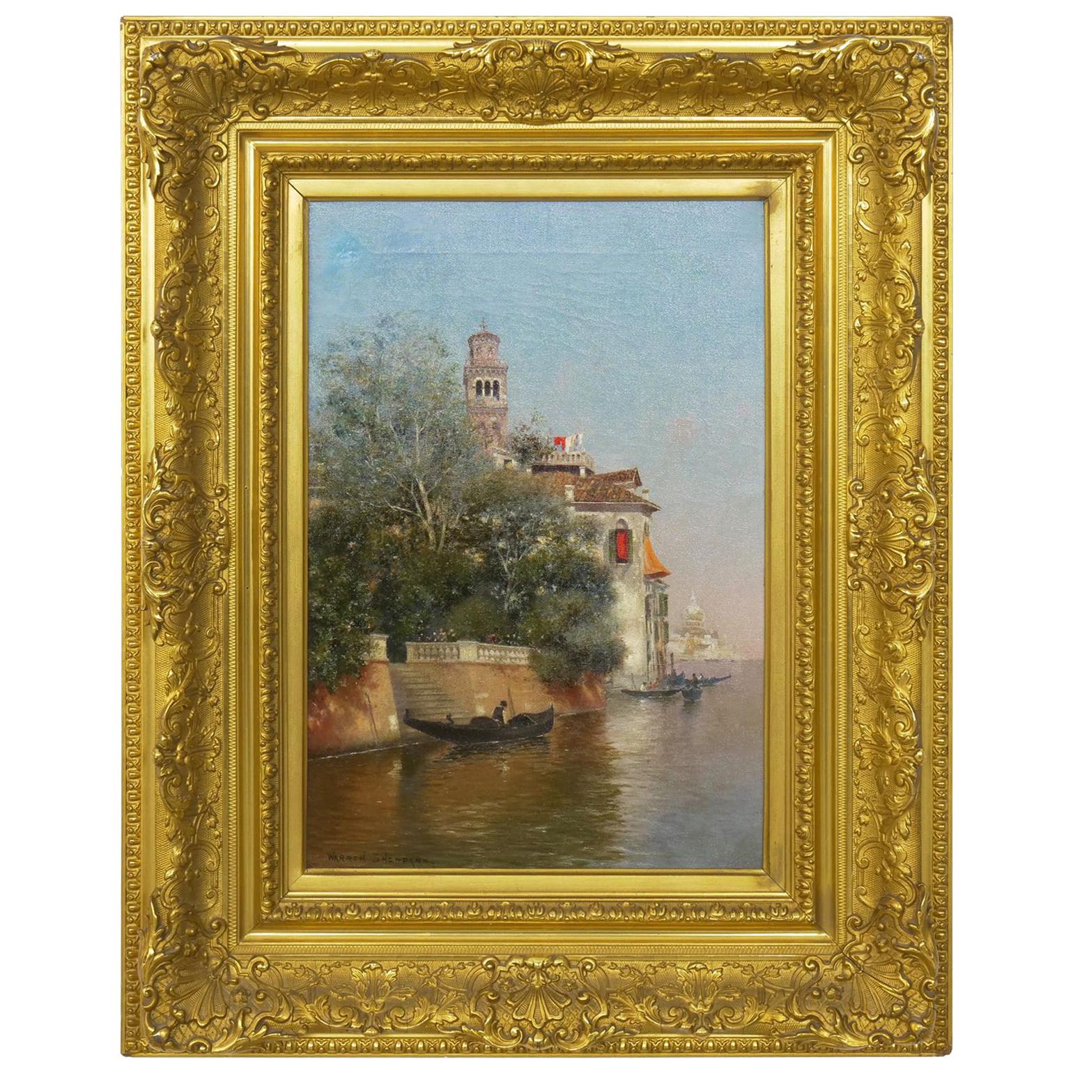 “Venetian Canal” Antique Oil Painting by Warren Shepherd 'American, 1858-1937'