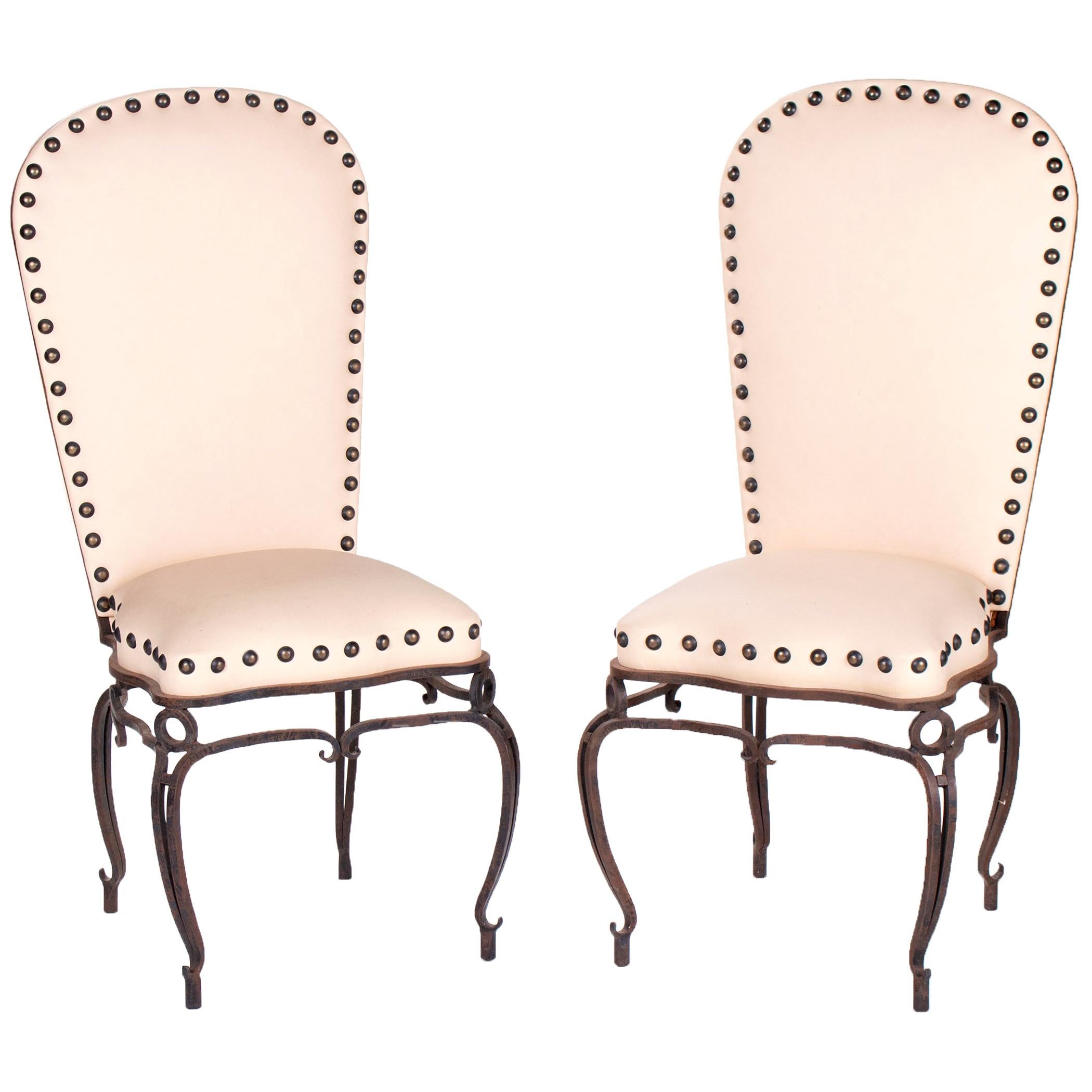 1970s Pair of French Wrought Iron White Upholstered Chairs