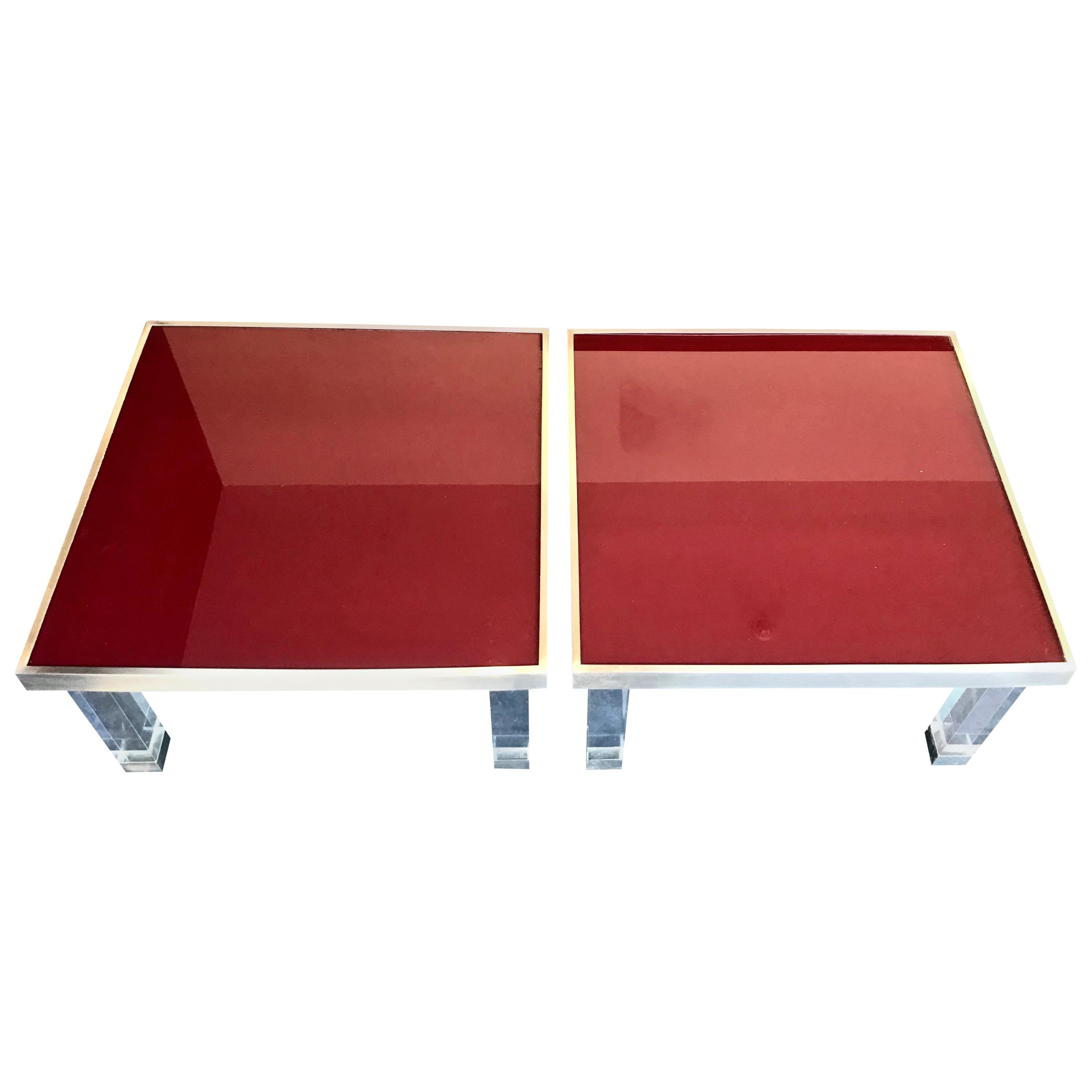Pair of 1970s Red Glass and Lucite Side Tables