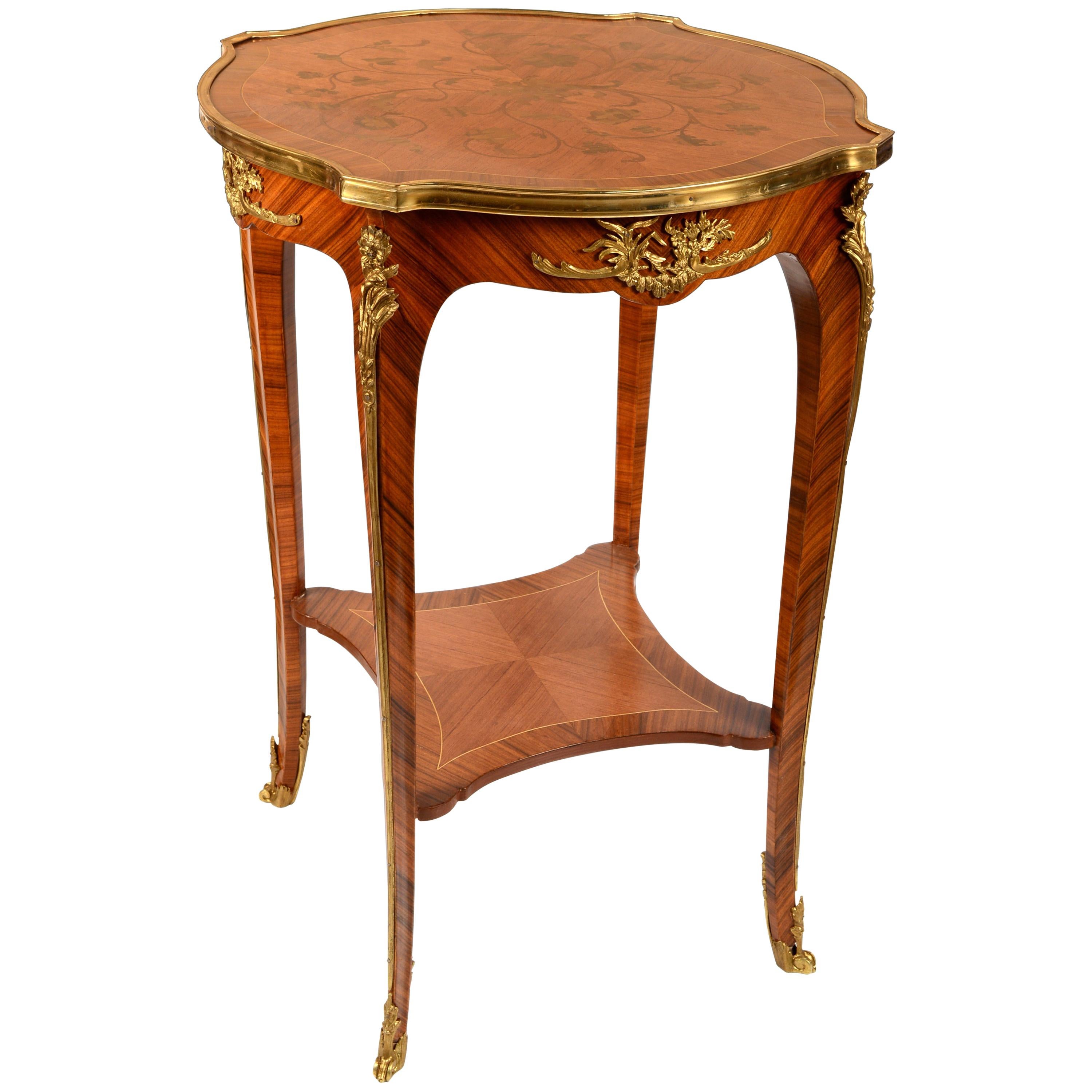Louis XV Style Side Table with Bronze and Marquetry Work, 20th Century